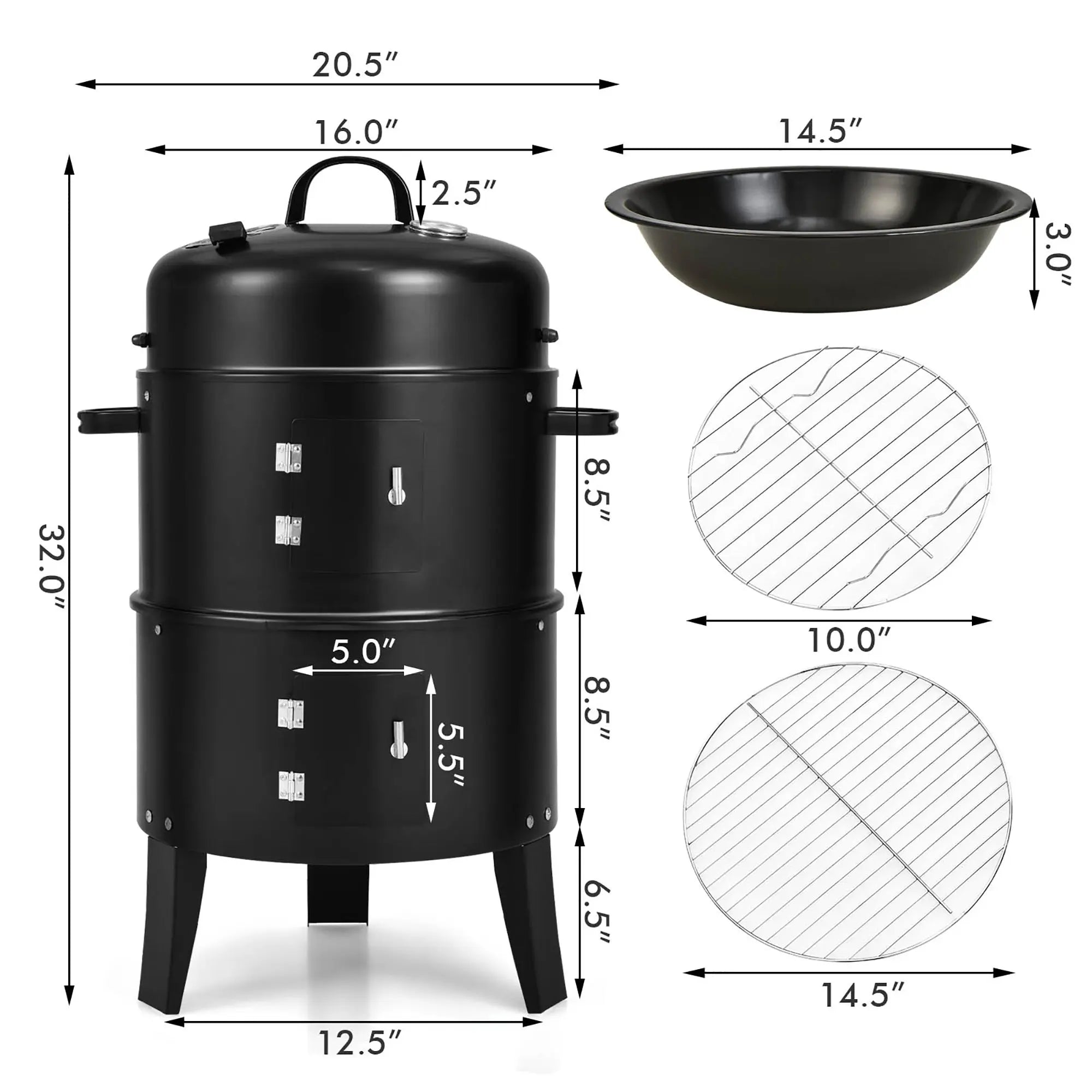 Costway3-in-1 Vertical Charcoal Smoker Portable BBQ Smoker Grill with Detachable 2 Layer Hand C Mart