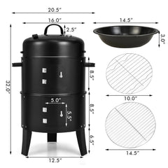 Costway3-in-1 Vertical Charcoal Smoker Portable BBQ Smoker Grill with Detachable 2 Layer Hand C Mart