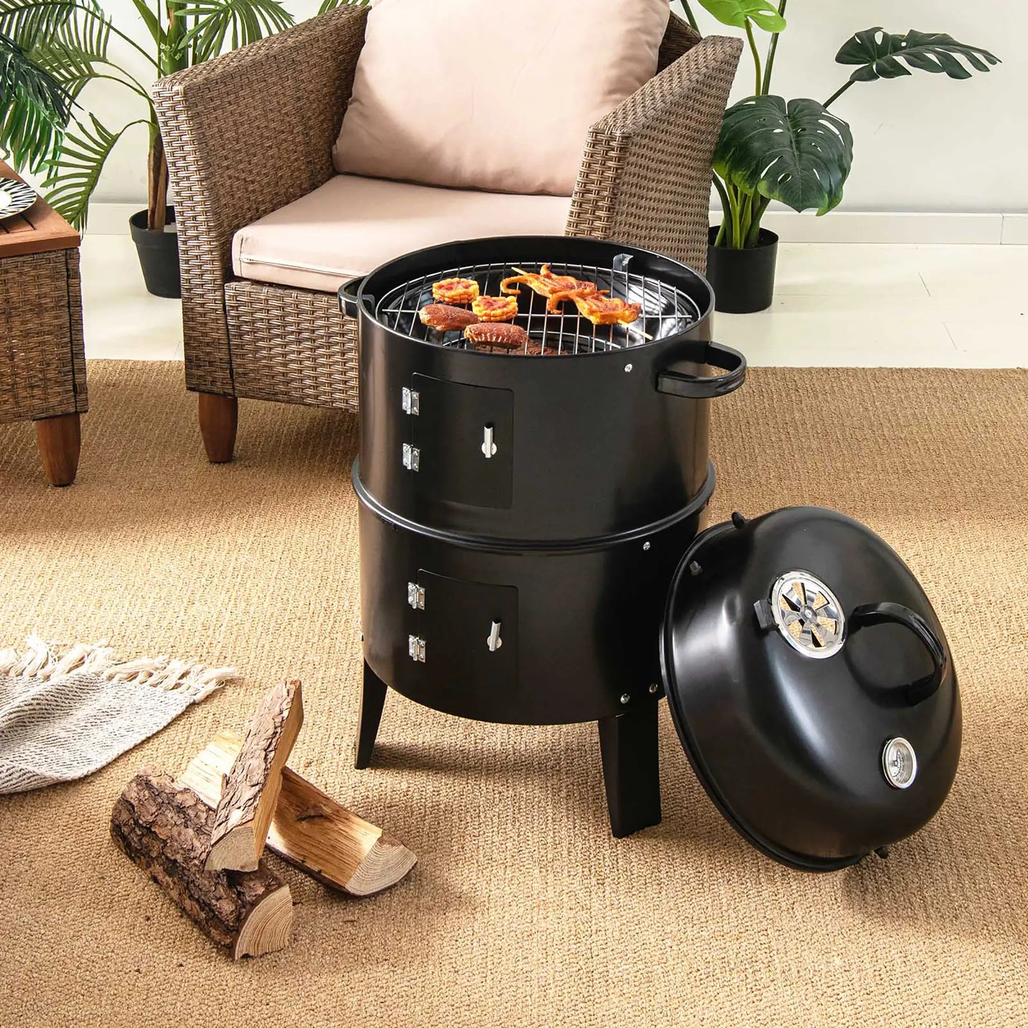 Costway3-in-1 Vertical Charcoal Smoker Portable BBQ Smoker Grill with Detachable 2 Layer Hand C Mart