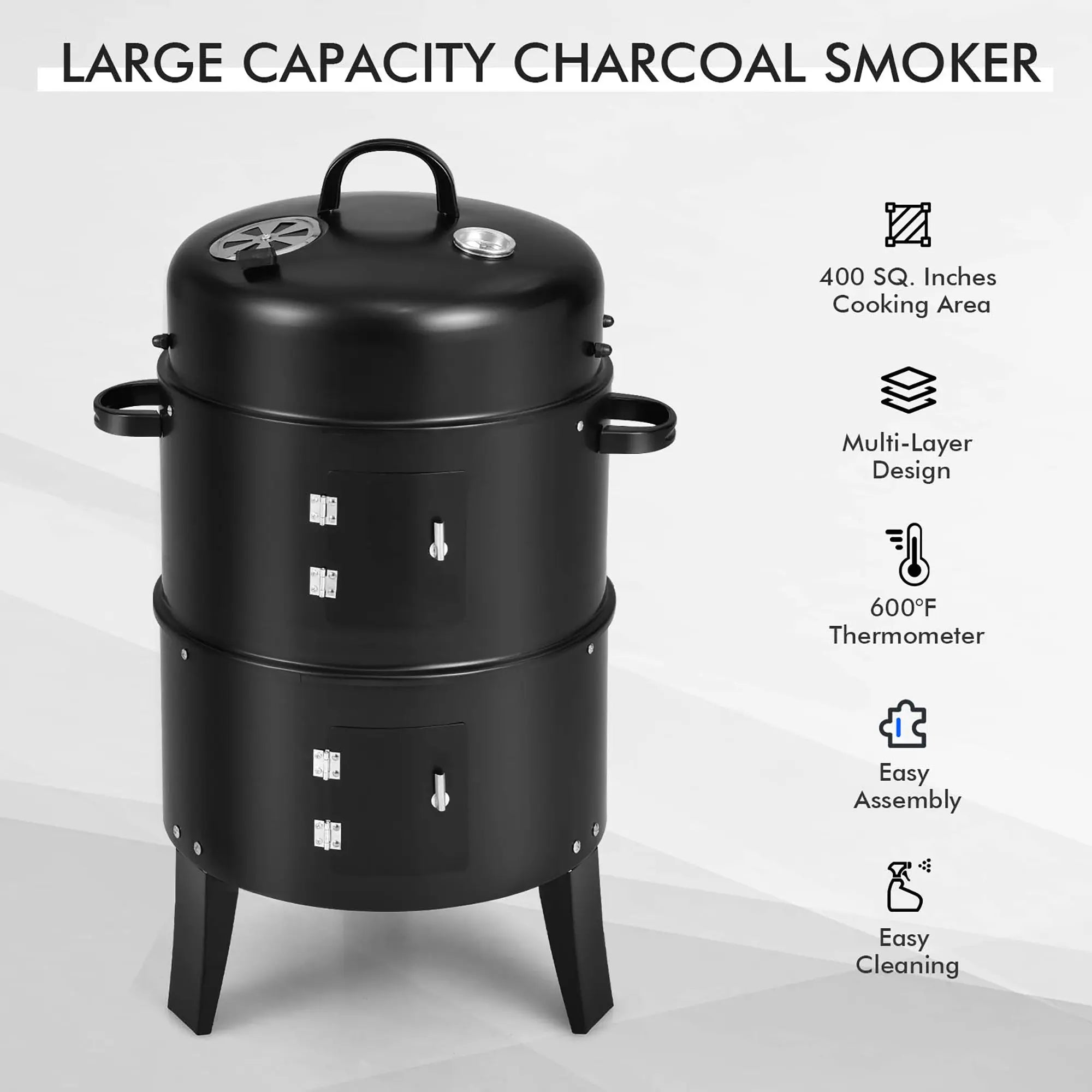 Costway3-in-1 Vertical Charcoal Smoker Portable BBQ Smoker Grill with Detachable 2 Layer Hand C Mart