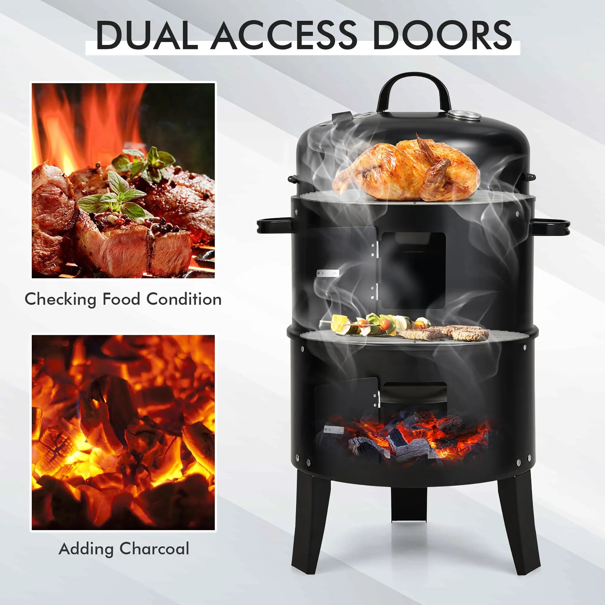 Costway3-in-1 Vertical Charcoal Smoker Portable BBQ Smoker Grill with Detachable 2 Layer Hand C Mart