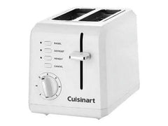 Sleek white toaster with stainless steel accents and wide slots
