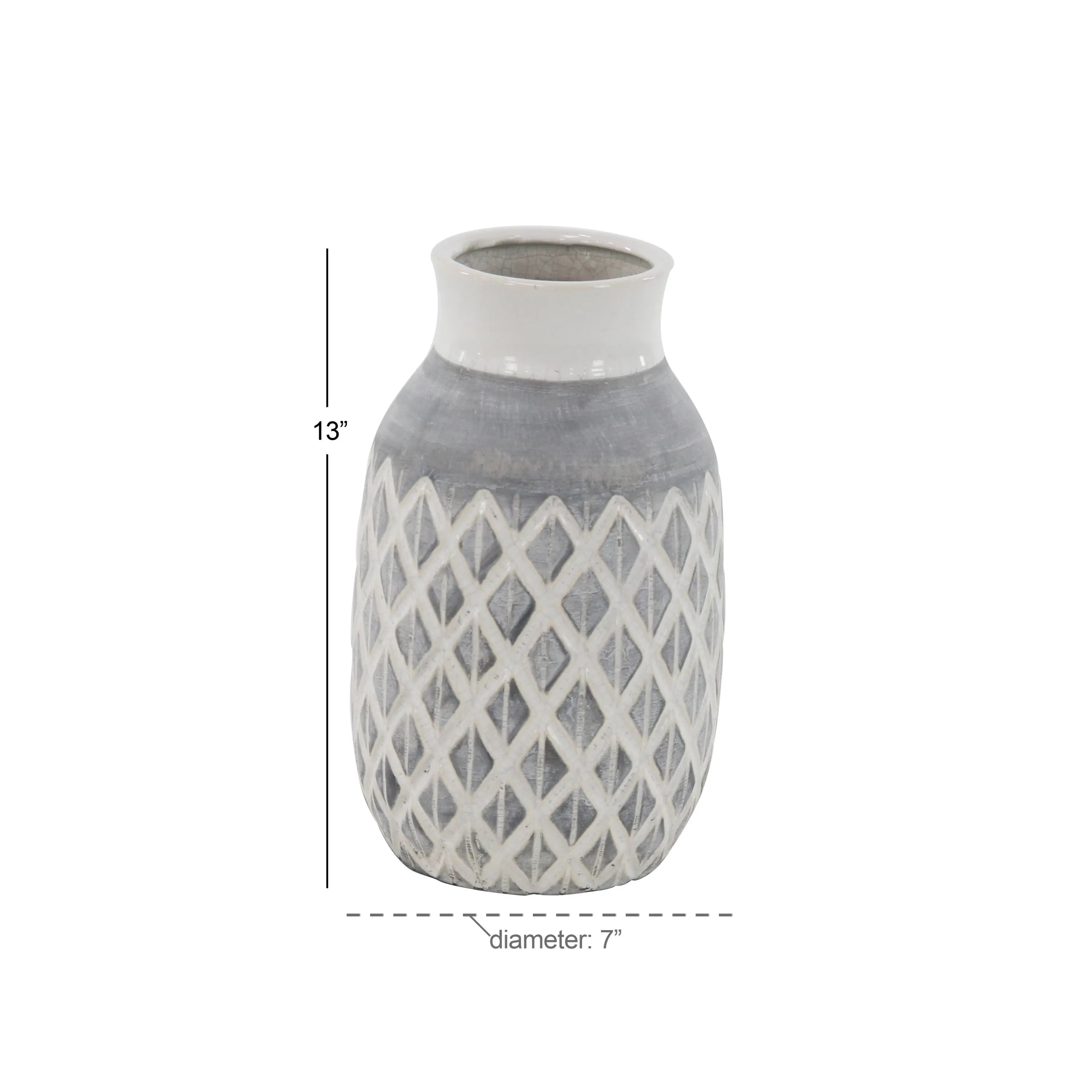 DecMode 13" White Ceramic Vase with Diamond Pattern Hand C Mart