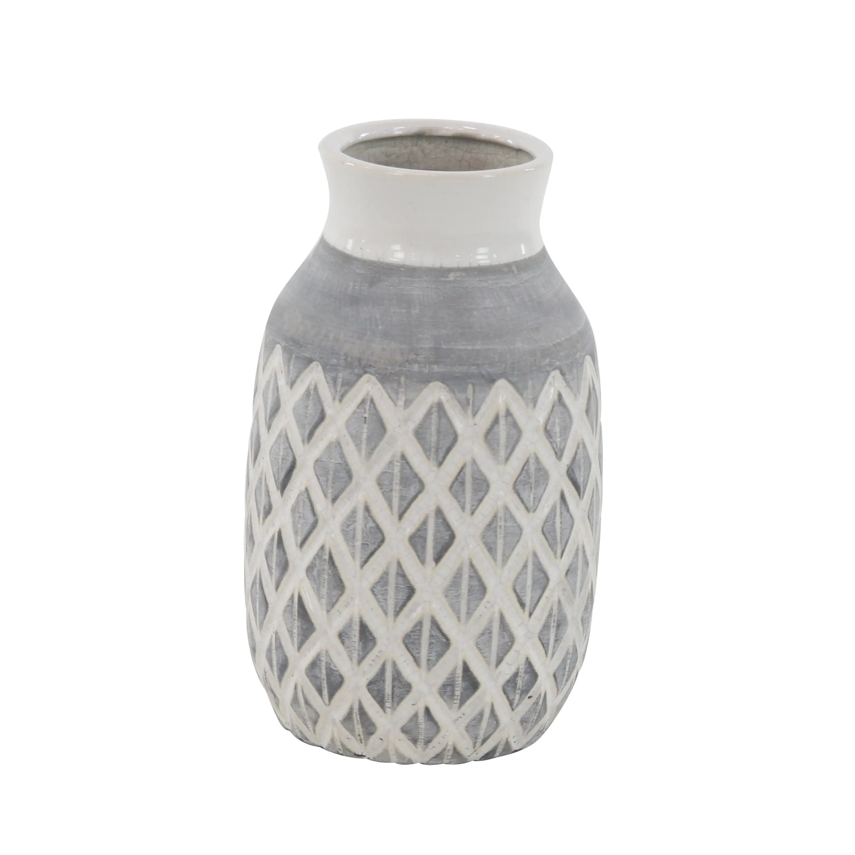 DecMode 13" White Ceramic Vase with Diamond Pattern Hand C Mart