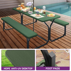 Dextrus Picnic Table Bench Set 6 ft Outdoor Camping with Stable Steel Frame & Wooden Texture Tabletop Weather Resistant w/Umbrella Hole - Green Hand C Mart