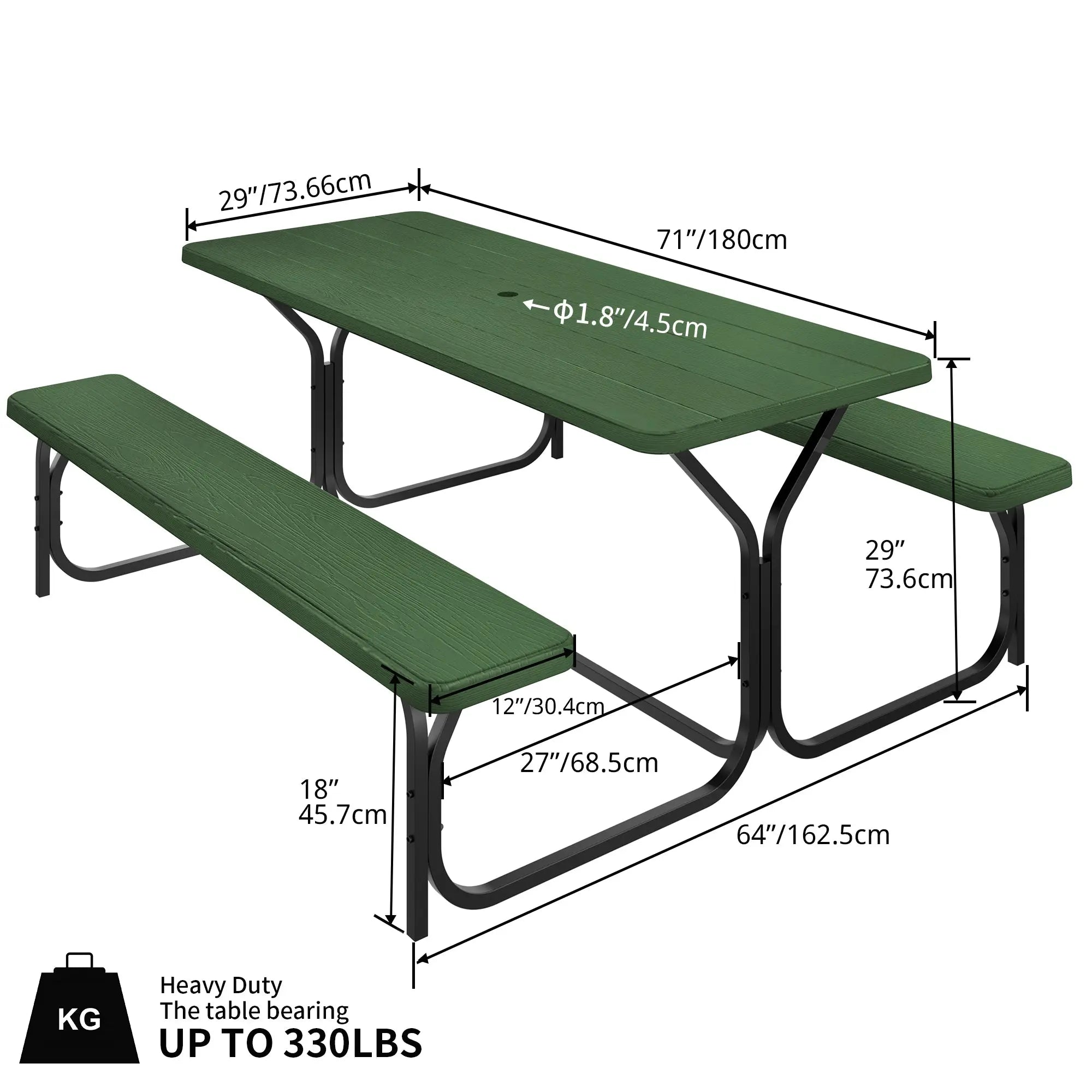 Dextrus Picnic Table Bench Set 6 ft Outdoor Camping with Stable Steel Frame & Wooden Texture Tabletop Weather Resistant w/Umbrella Hole - Green Hand C Mart