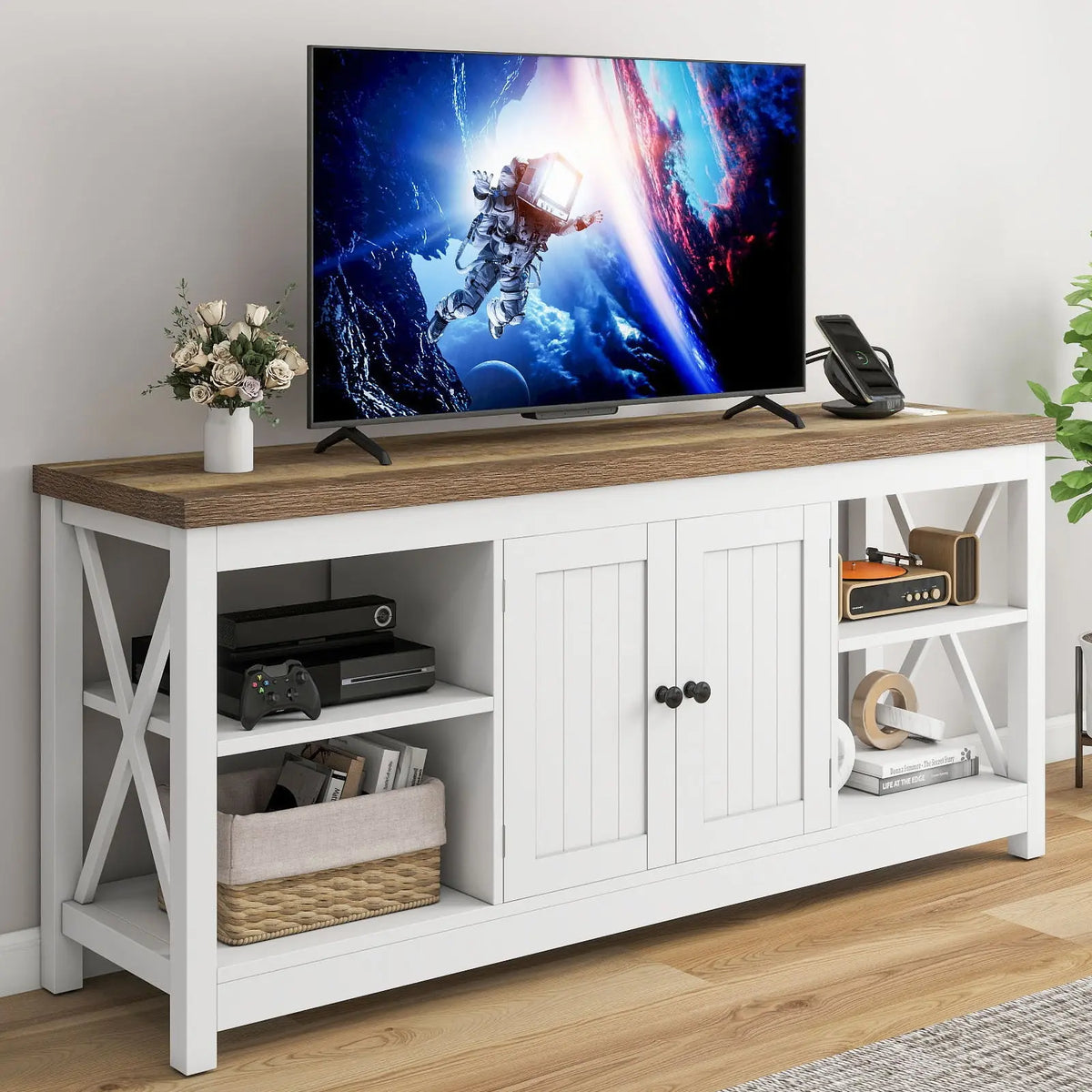 Dextrus White TV Stand up to 65 Inches w/Power Outlets, Farmhouse Entertainment Center Cabinet with Storage for Living Room Hand C Mart