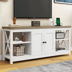 Dextrus White TV Stand up to 65 Inches w/Power Outlets, Farmhouse Entertainment Center Cabinet with Storage for Living Room Hand C Mart