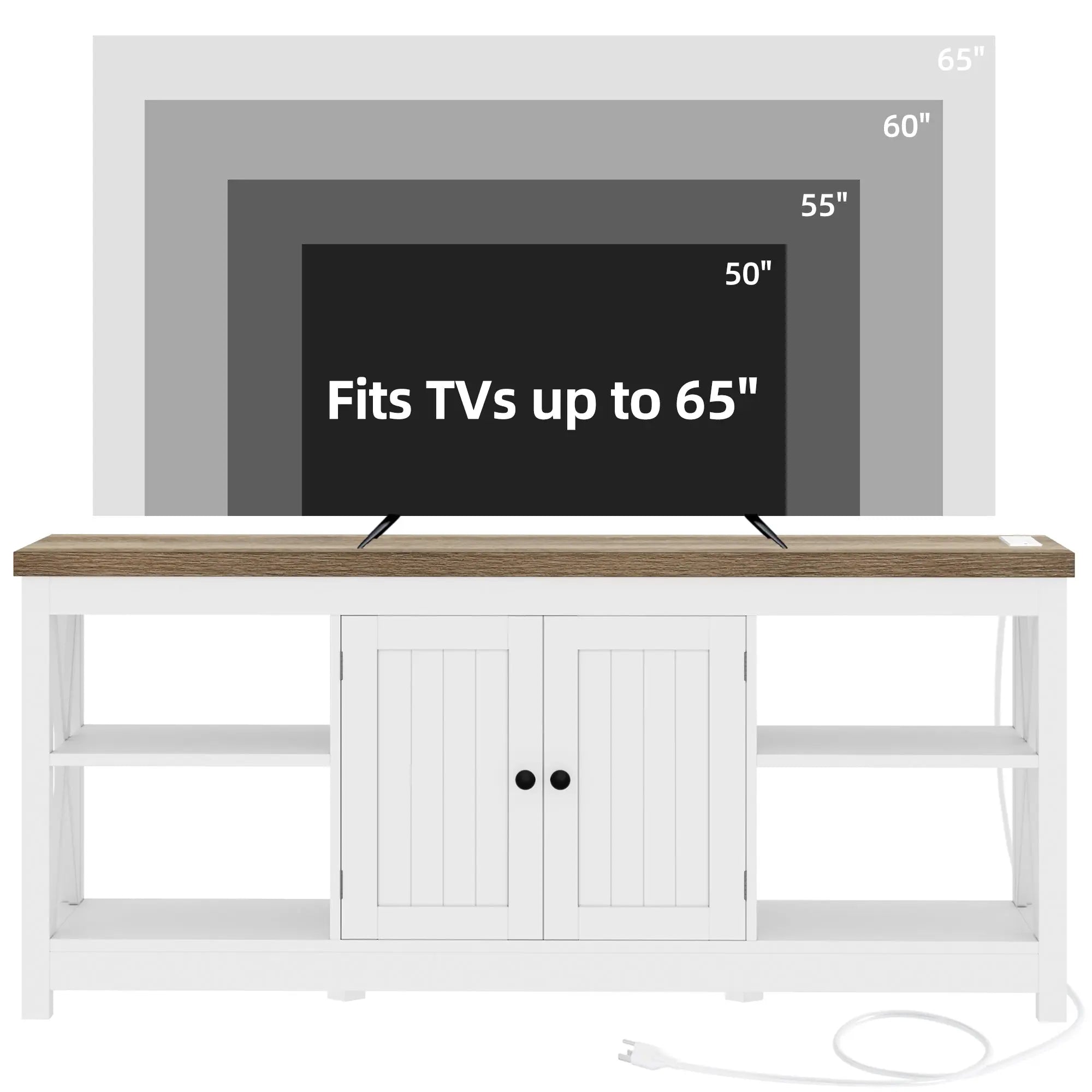 Dextrus White TV Stand up to 65 Inches w/Power Outlets, Farmhouse Entertainment Center Cabinet with Storage for Living Room Hand C Mart