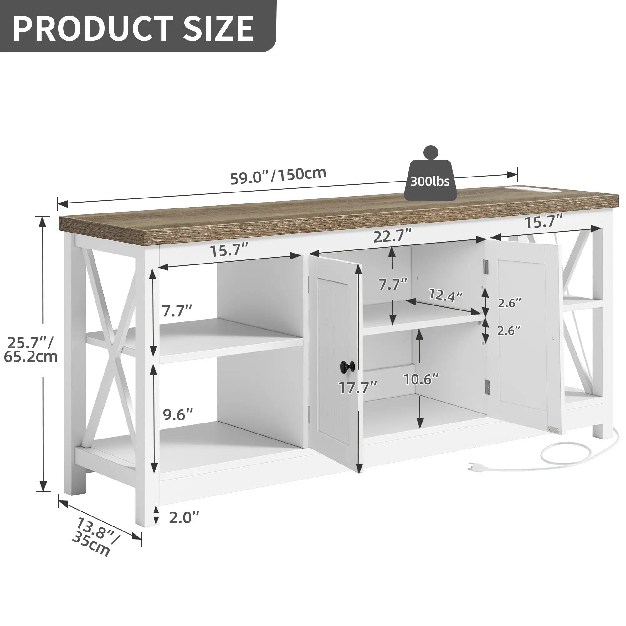 Dextrus White TV Stand up to 65 Inches w/Power Outlets, Farmhouse Entertainment Center Cabinet with Storage for Living Room Hand C Mart