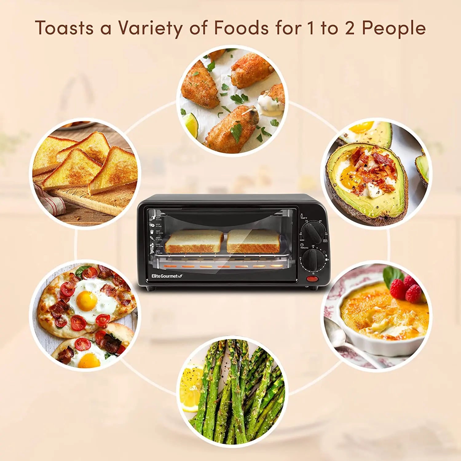 Elite Gourmet ETO236 Personal 2 Slice Countertop Toaster Oven with 15 Minute Timer Includes Pan and Wire Rack, Bake, Broil, Toast, Black Hand C Mart