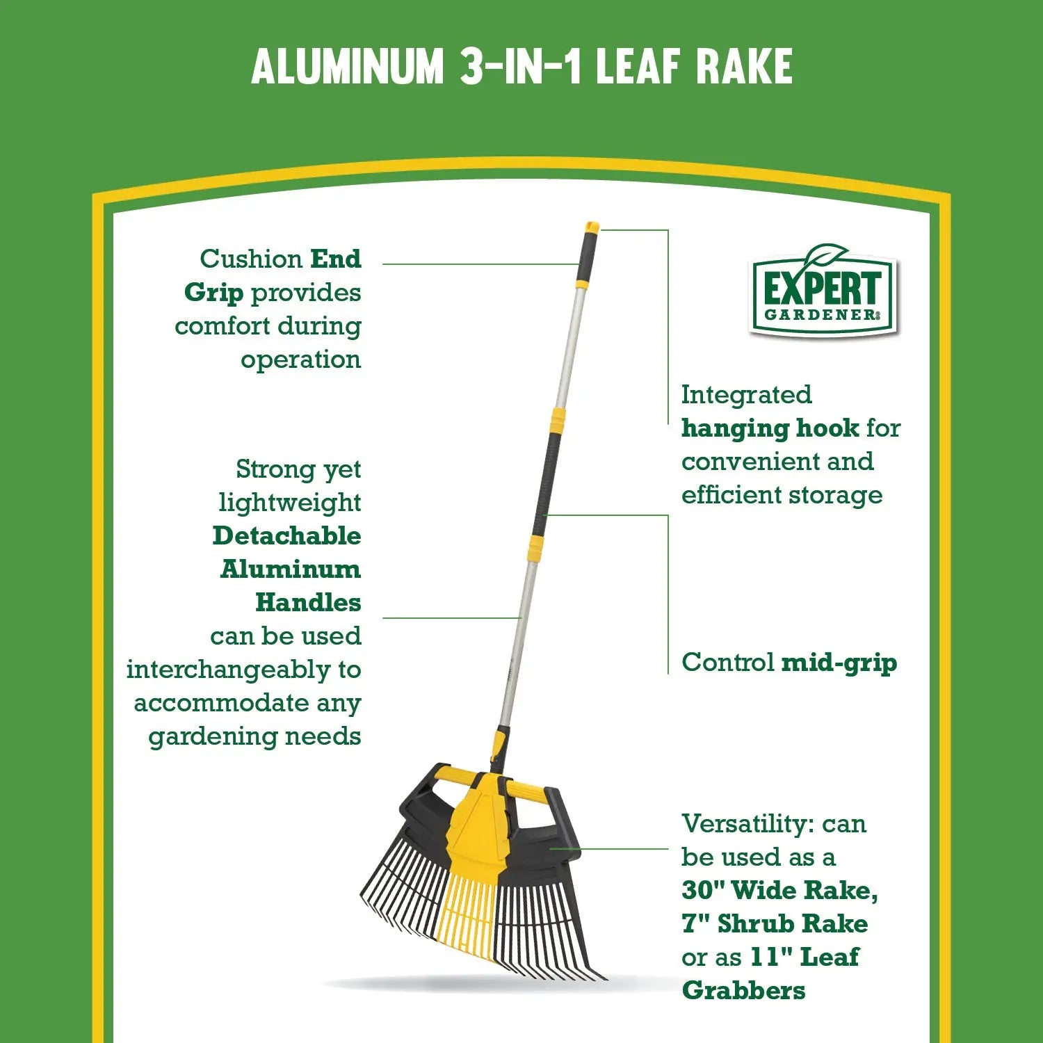 Expert Gardener 3-in-1 Leaf Rake, Functions as 30in Leaf Rake, 7in Shrub Rake or Leaf Scoops Hand C Mart