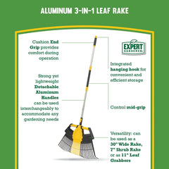 Expert Gardener 3-in-1 Leaf Rake, Functions as 30in Leaf Rake, 7in Shrub Rake or Leaf Scoops Hand C Mart