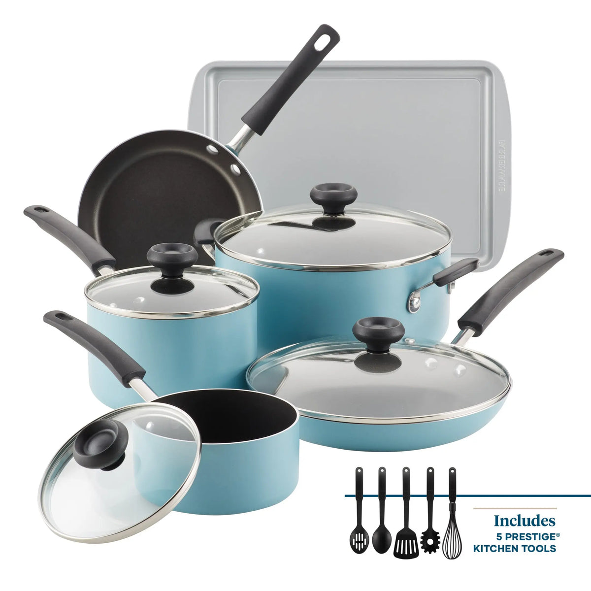 Farberware 15 Piece Aluminum Nonstick Pots and Pans Set, Aqua Hand C Mart