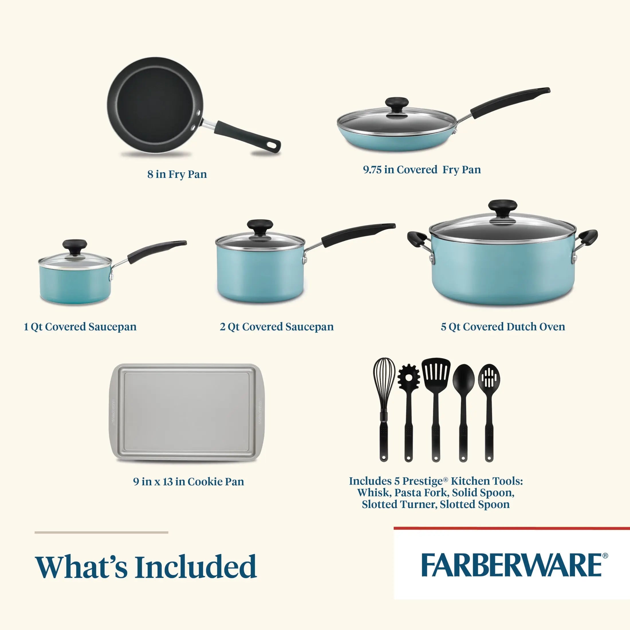 Farberware 15 Piece Aluminum Nonstick Pots and Pans Set, Aqua Hand C Mart