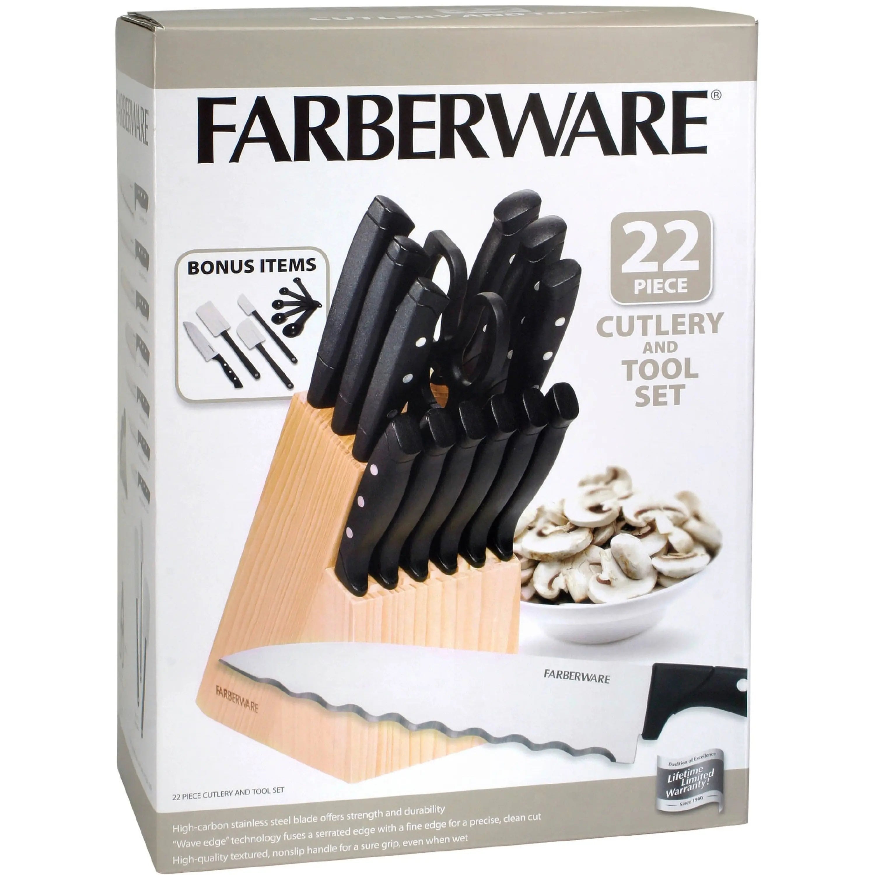 Farberware 22-Piece Never Needs Sharpening Stainless Steel Knife Set with Block Black Hand C Mart