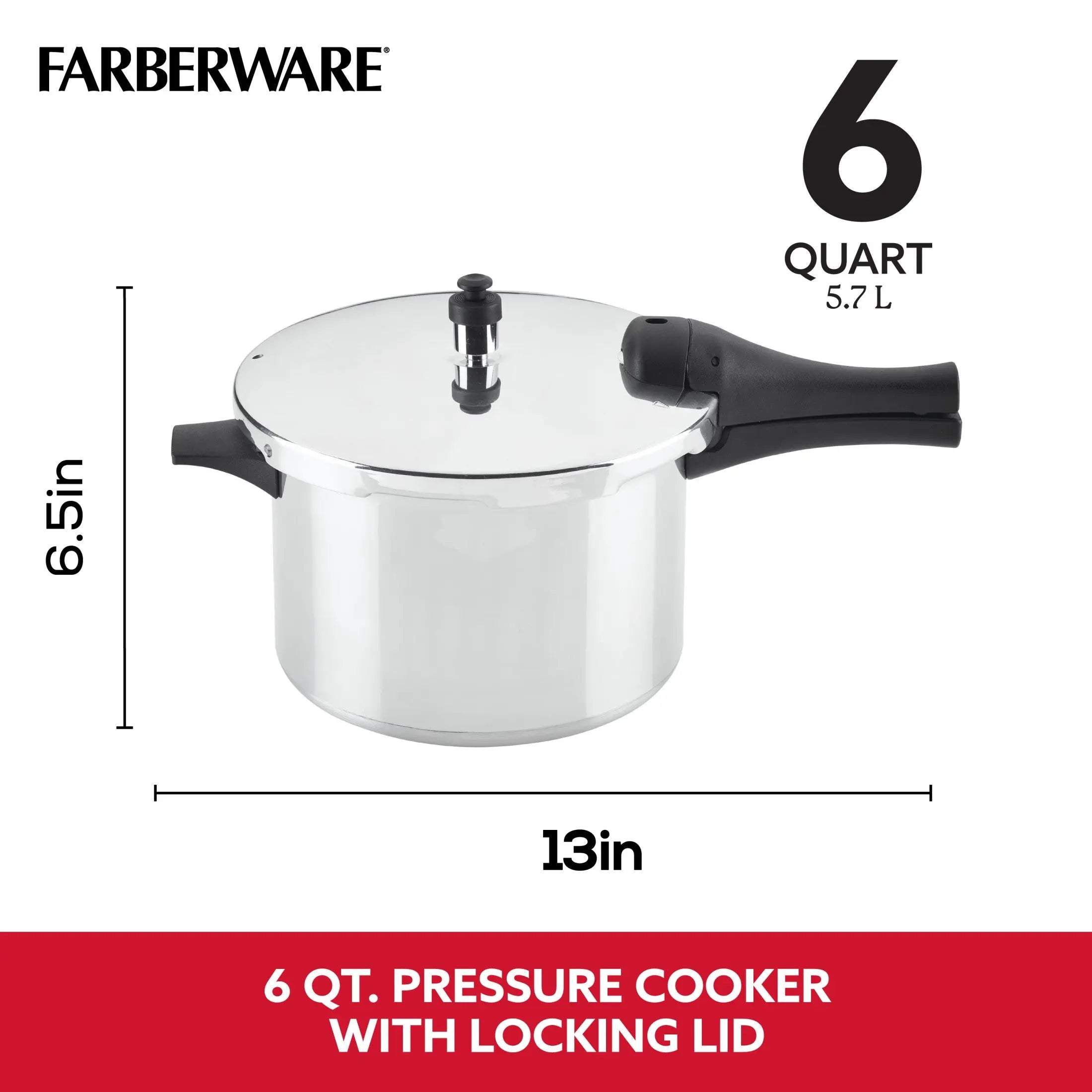 Top view of 6-quart Farberware aluminum pressure cooker with lid locked
