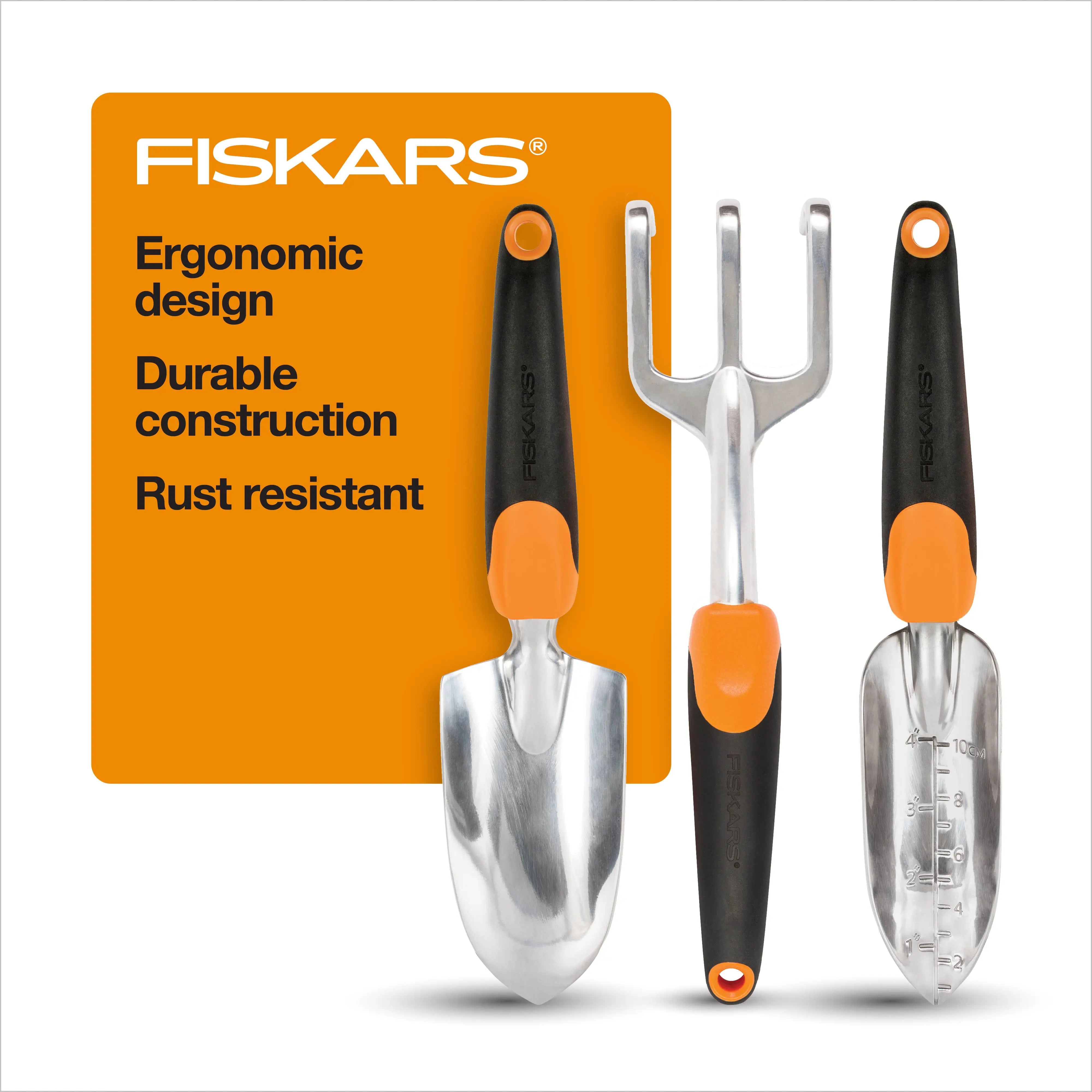 Fiskars 3-in-1 Garden Tool Set - Trowel, Transplanter, Cultivator for Gardening - Lawn and Garden - Black/Orange Hand C Mart