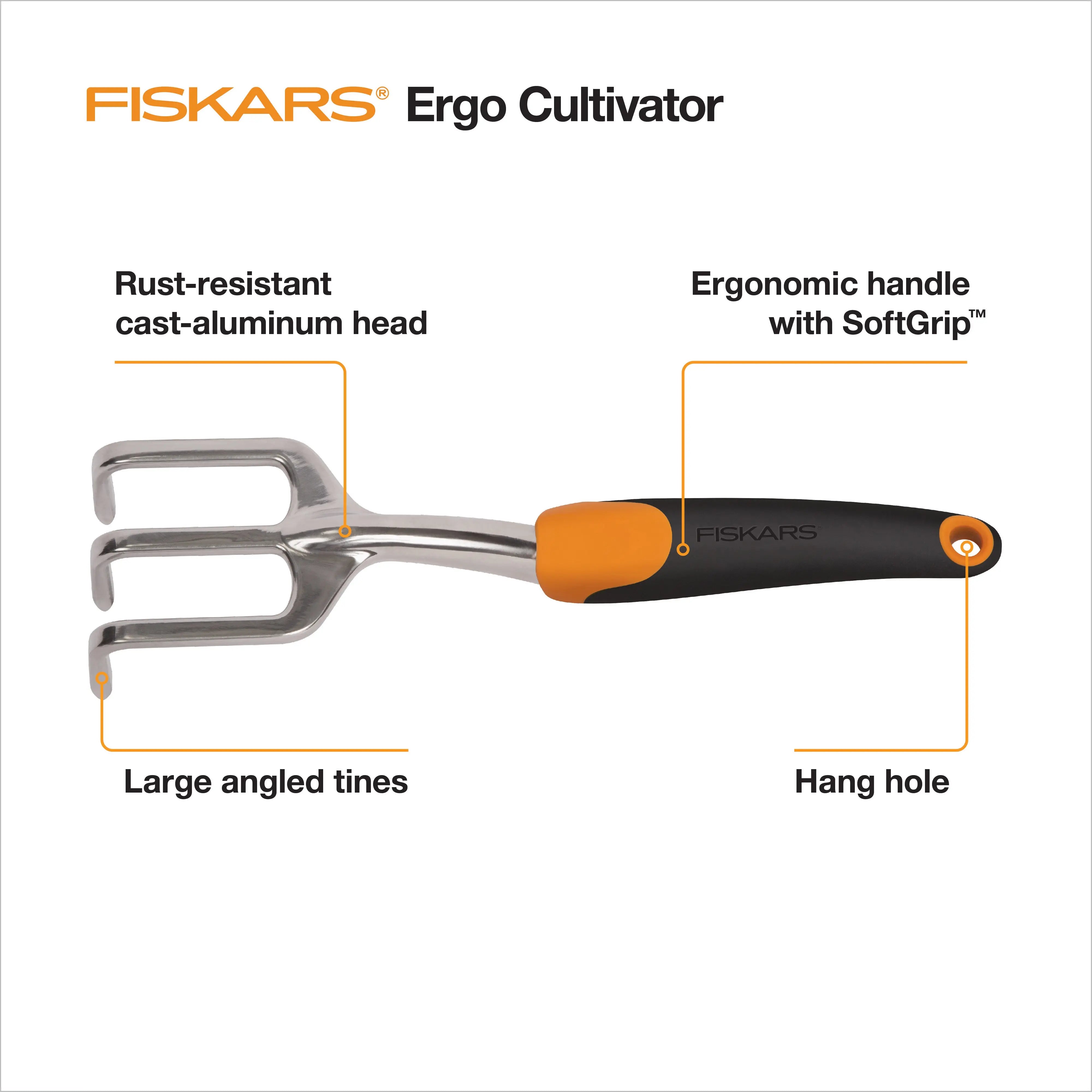 Fiskars Ergo Cultivator Garden Tool with Aluminum Head and Ergonomic Handle, 0.56 Pounds, Orange Hand C Mart