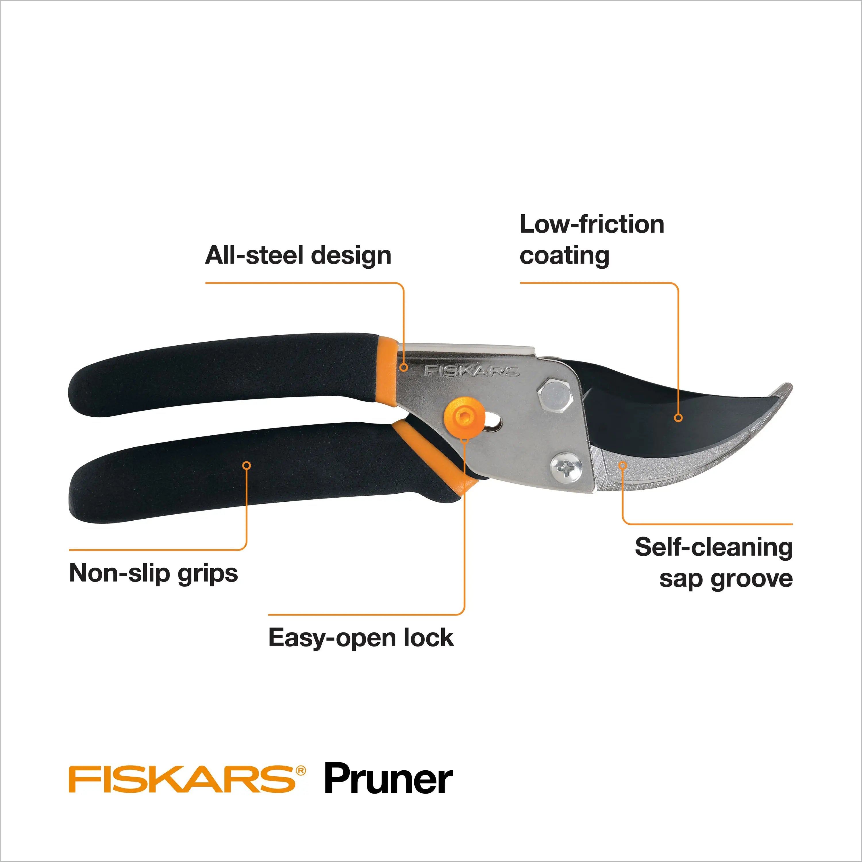 Fiskars Traditional Bypass Pruner, Steel Blade and Non-Slip Handle ,5/8" Diameter Cuts Hand C Mart