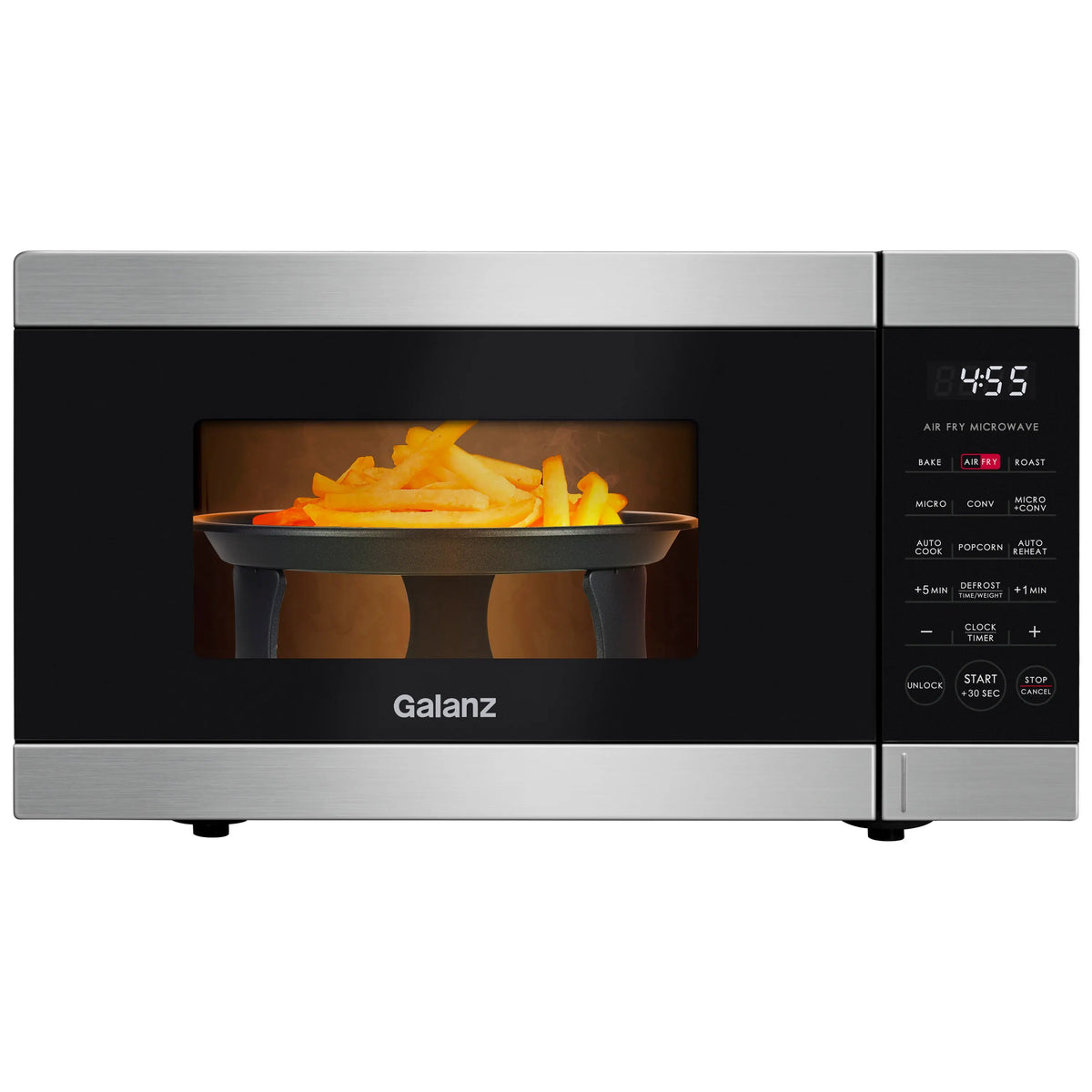 Galanz 0.9 Cu. Ft. Air Fry Microwave Oven in sleek stainless steel design
