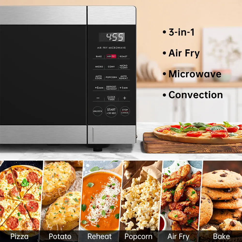 Side view of Galanz stainless steel microwave showcasing compact design
