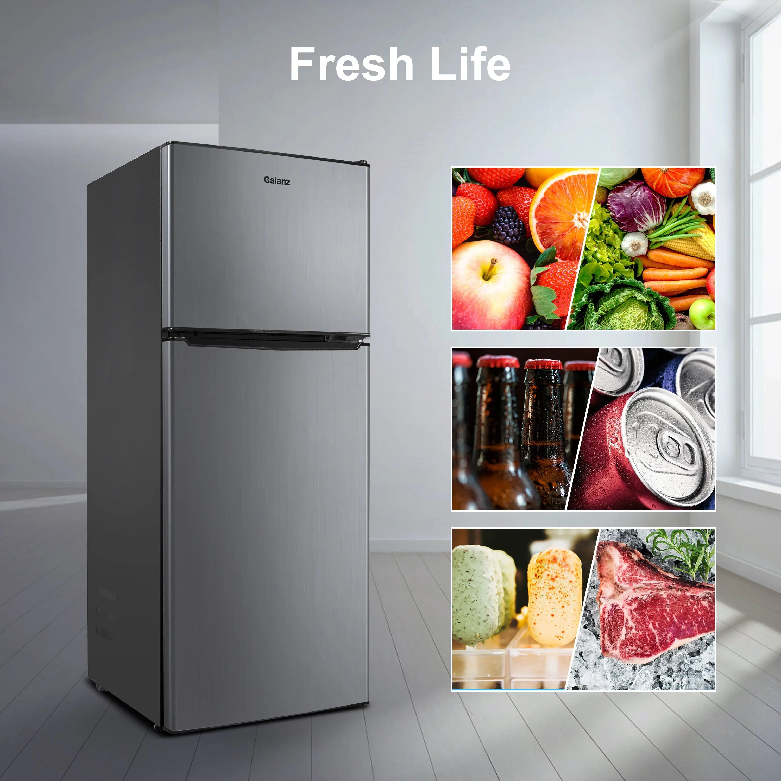 Galanz 4.6. Cu ft Two Door Mini Refrigerator with Freezer, Stainless Steel, New, Width 19.13" Hand C Mart