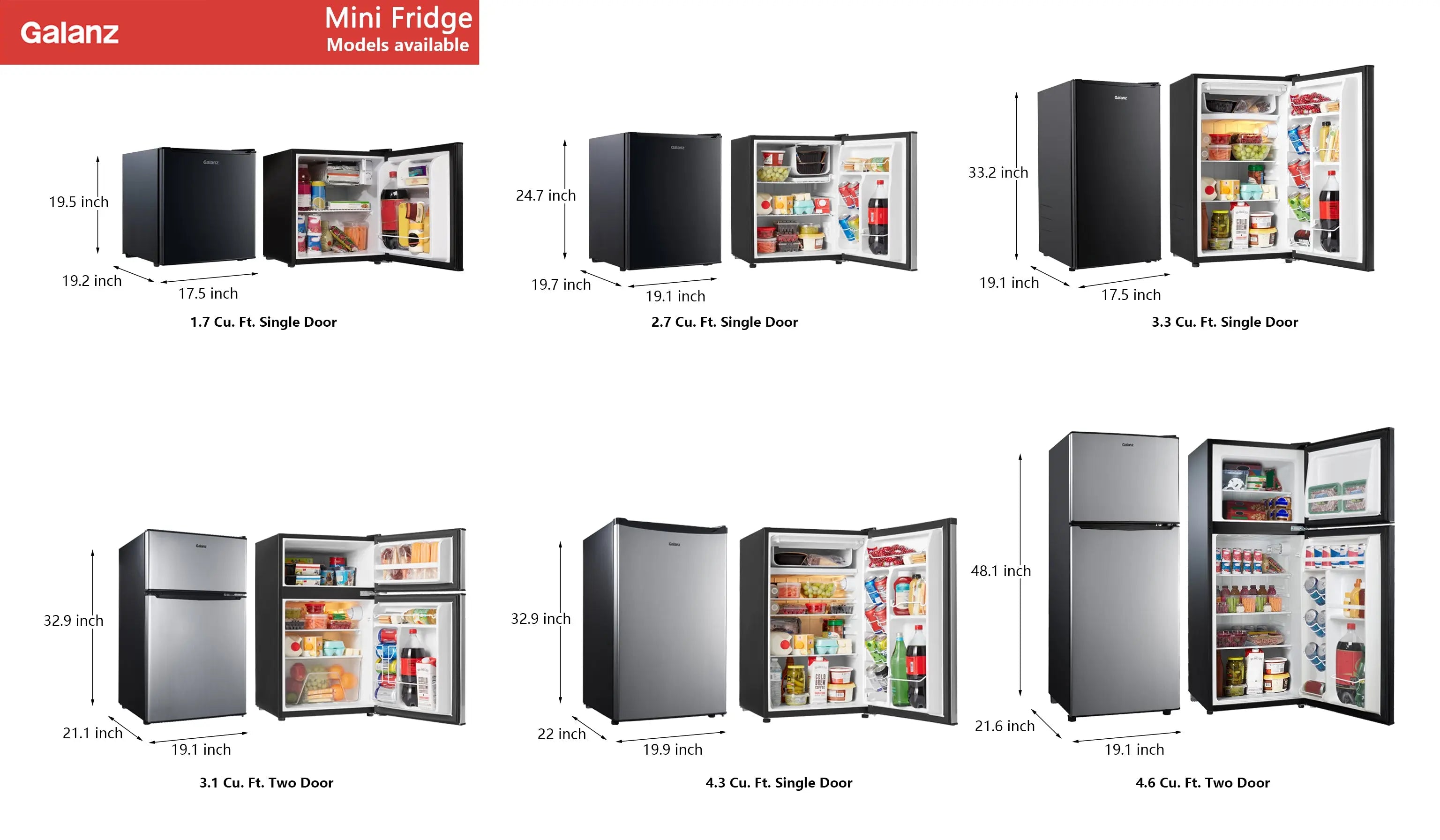 Galanz 4.6. Cu ft Two Door Mini Refrigerator with Freezer, Stainless Steel, New, Width 19.13" Hand C Mart