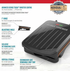 George Foreman adjustable grilling angle for flat or angled cooking
