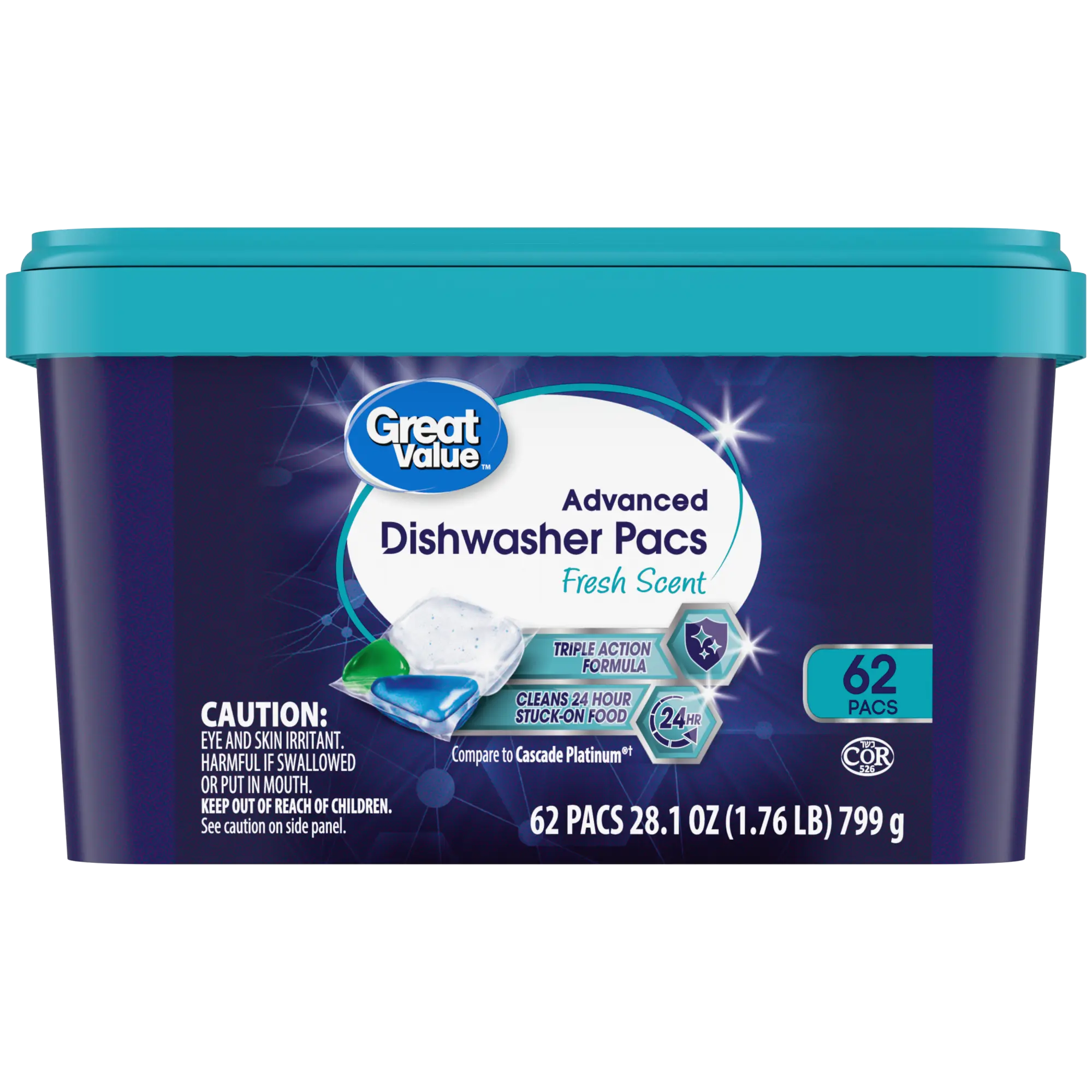 Great Value Advanced Automatic Dishwasher Pacs, Fresh Scent, 62 Count Hand C Mart