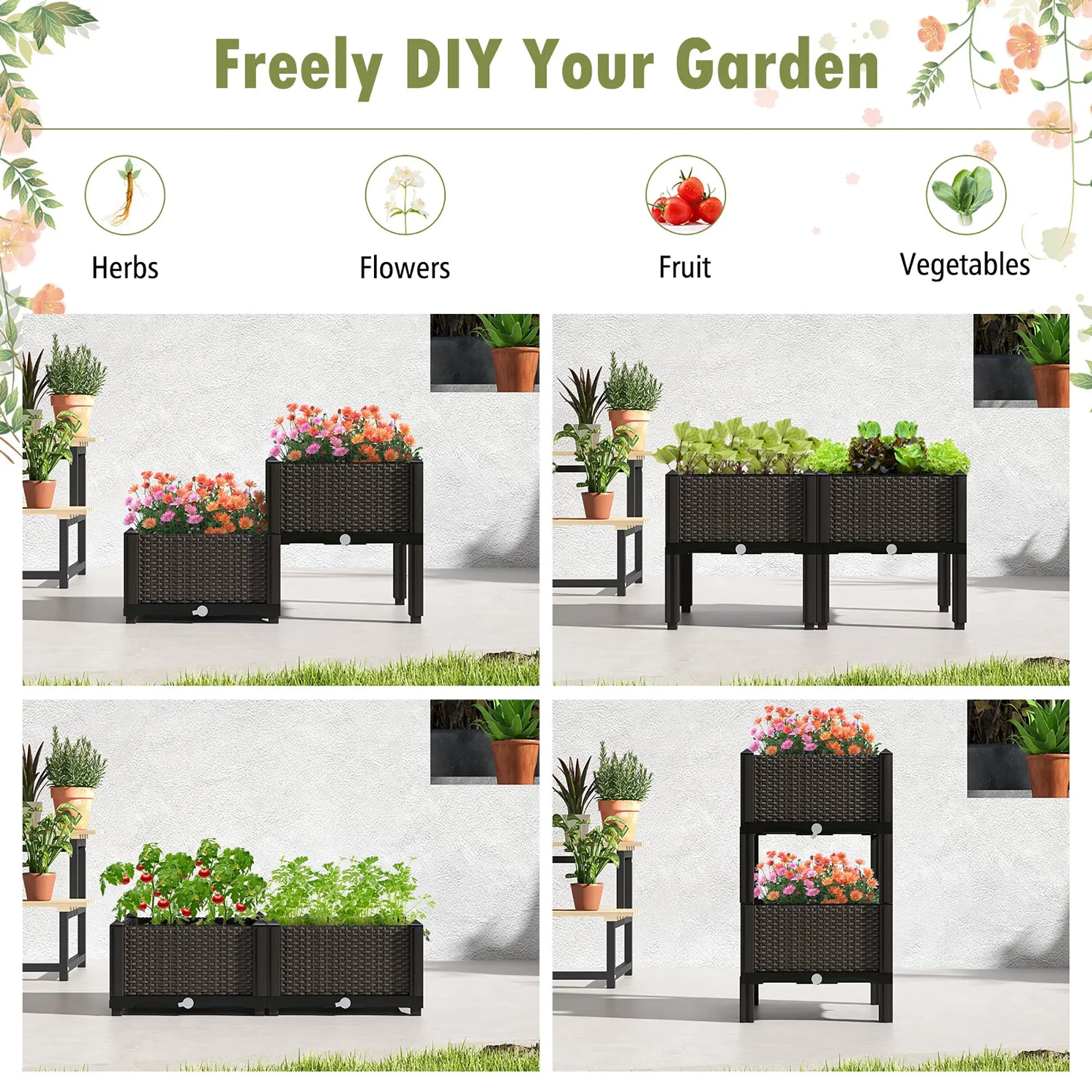 Gymax Elevated Plastic Raised Garden Bed Planter Kit for Flower Vegetable Grow 2 Set Hand C Mart