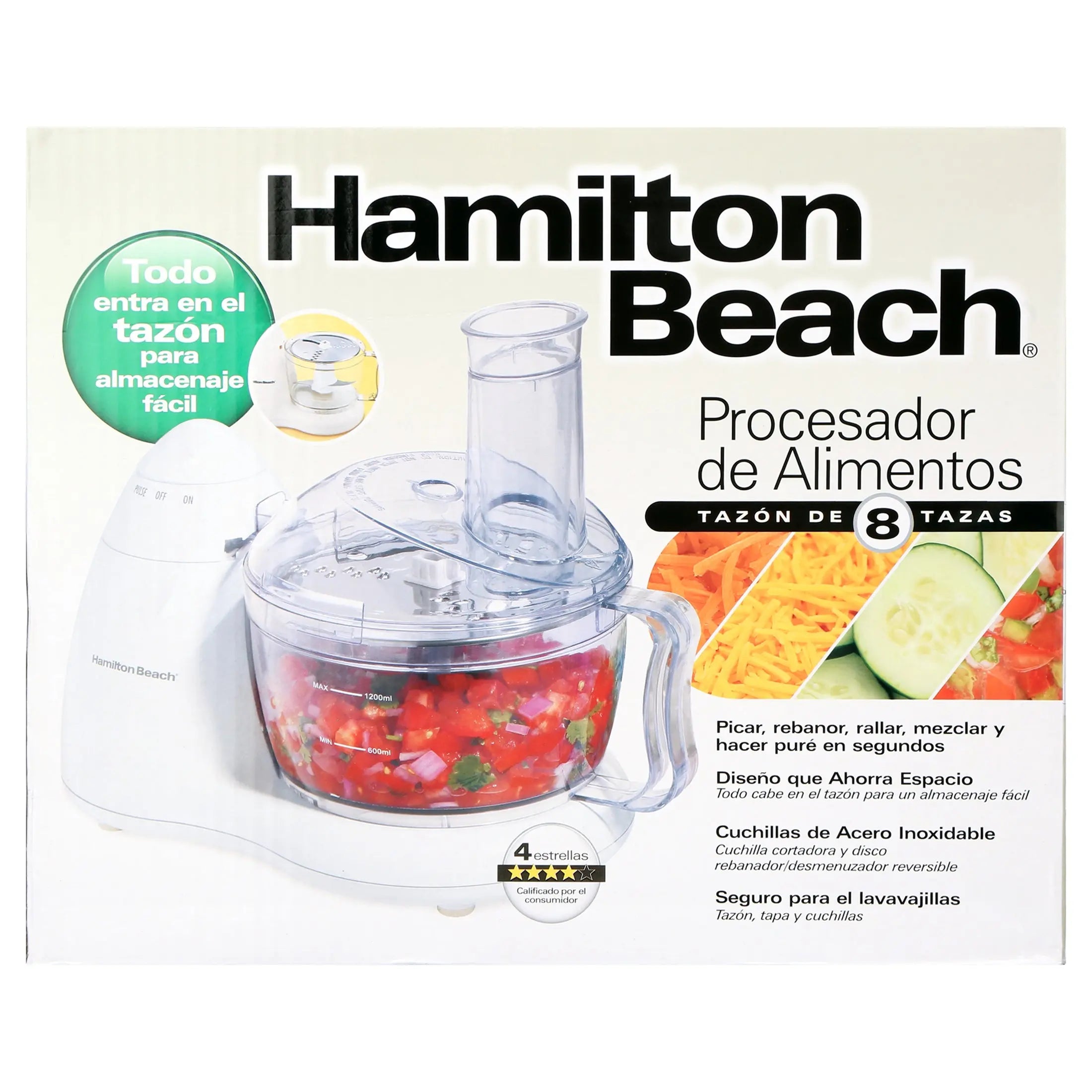 Compact Hamilton Beach food processor with slicing and shredding discs
