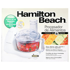 Compact Hamilton Beach food processor with slicing and shredding discs
