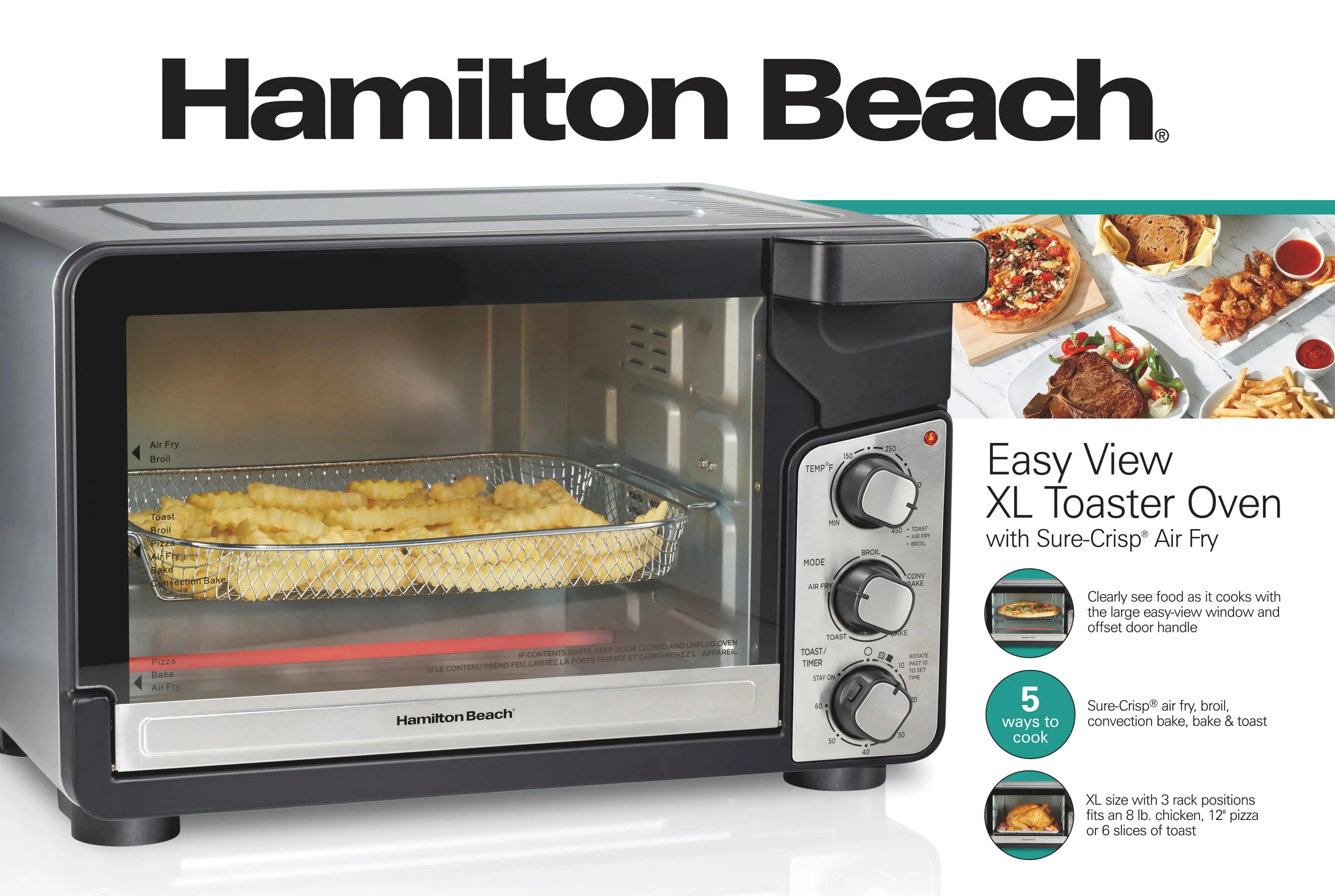 Hamilton Beach Easy View XL Toaster Oven with Sure-Crisp Air Fry, 6 Slice Capacity, Black & Stainless Steel, 31460 Hand C Mart