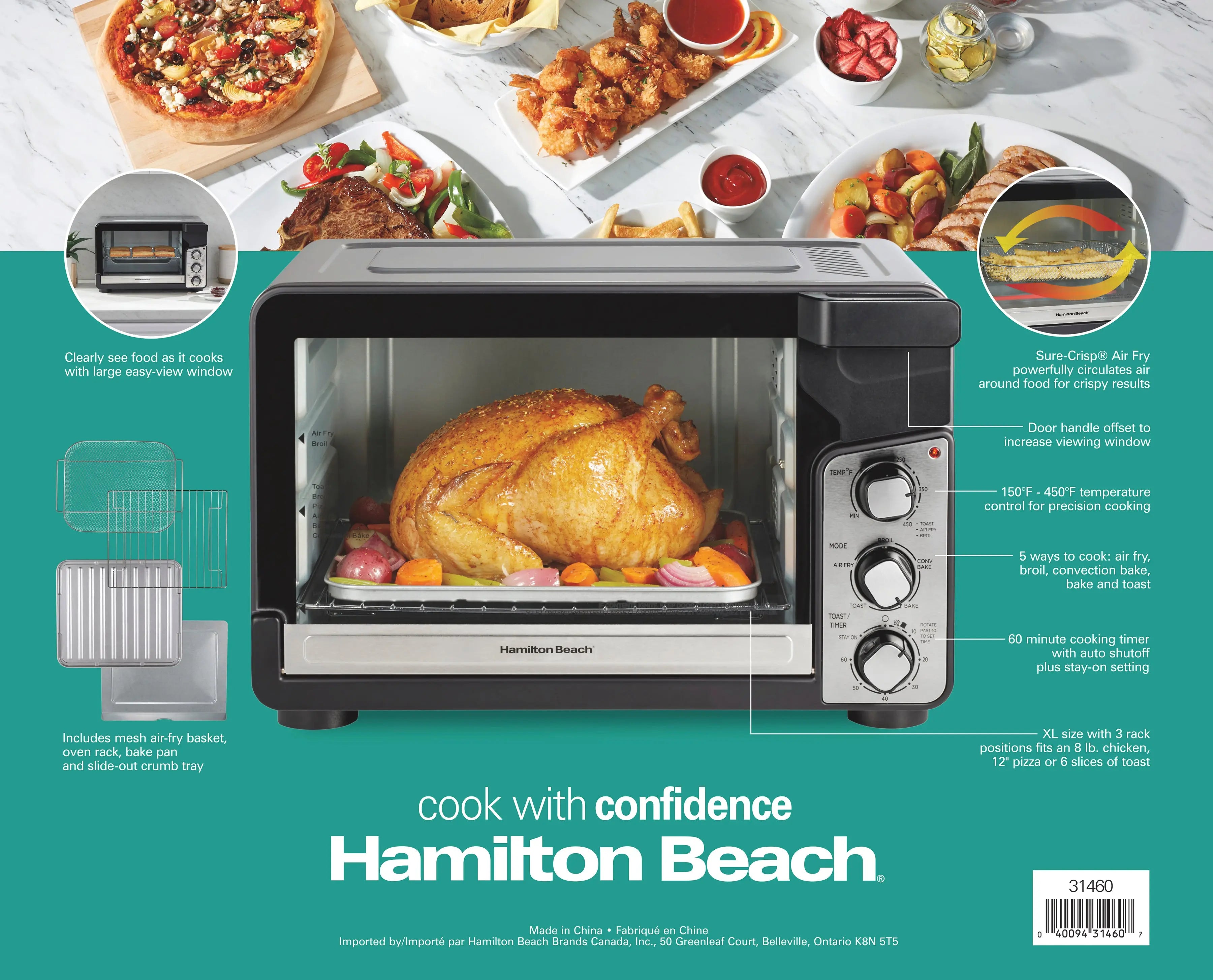 Hamilton Beach Easy View XL Toaster Oven with Sure-Crisp Air Fry, 6 Slice Capacity, Black & Stainless Steel, 31460 Hand C Mart