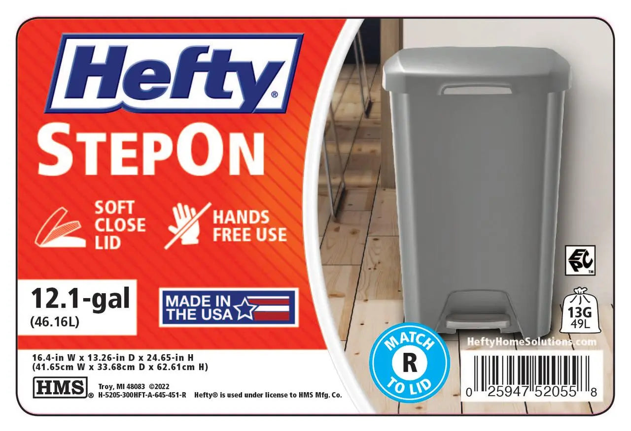 Hefty 12.1 Gallon Trash Can, Plastic Soft Close Step On Kitchen Trash Can, Gray Hand C Mart