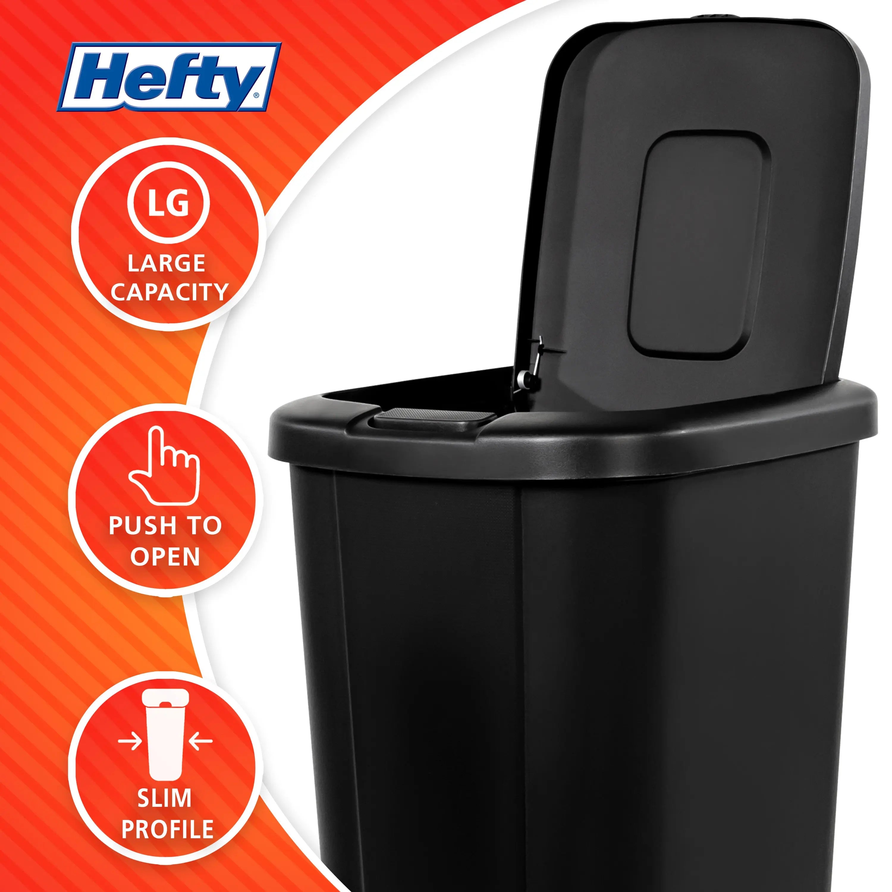 Hefty 13.3 Gallon Trash Can, Plastic Touch Top Kitchen Trash Can, Black Hand C Mart