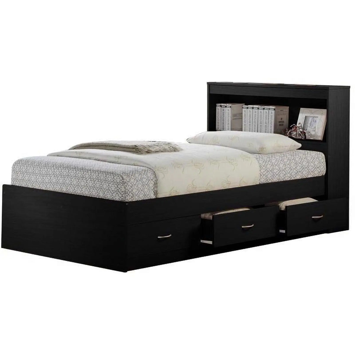 Hodedah Twin-Size Captain Bed in black with 3 storage drawers and bookcase headboard
