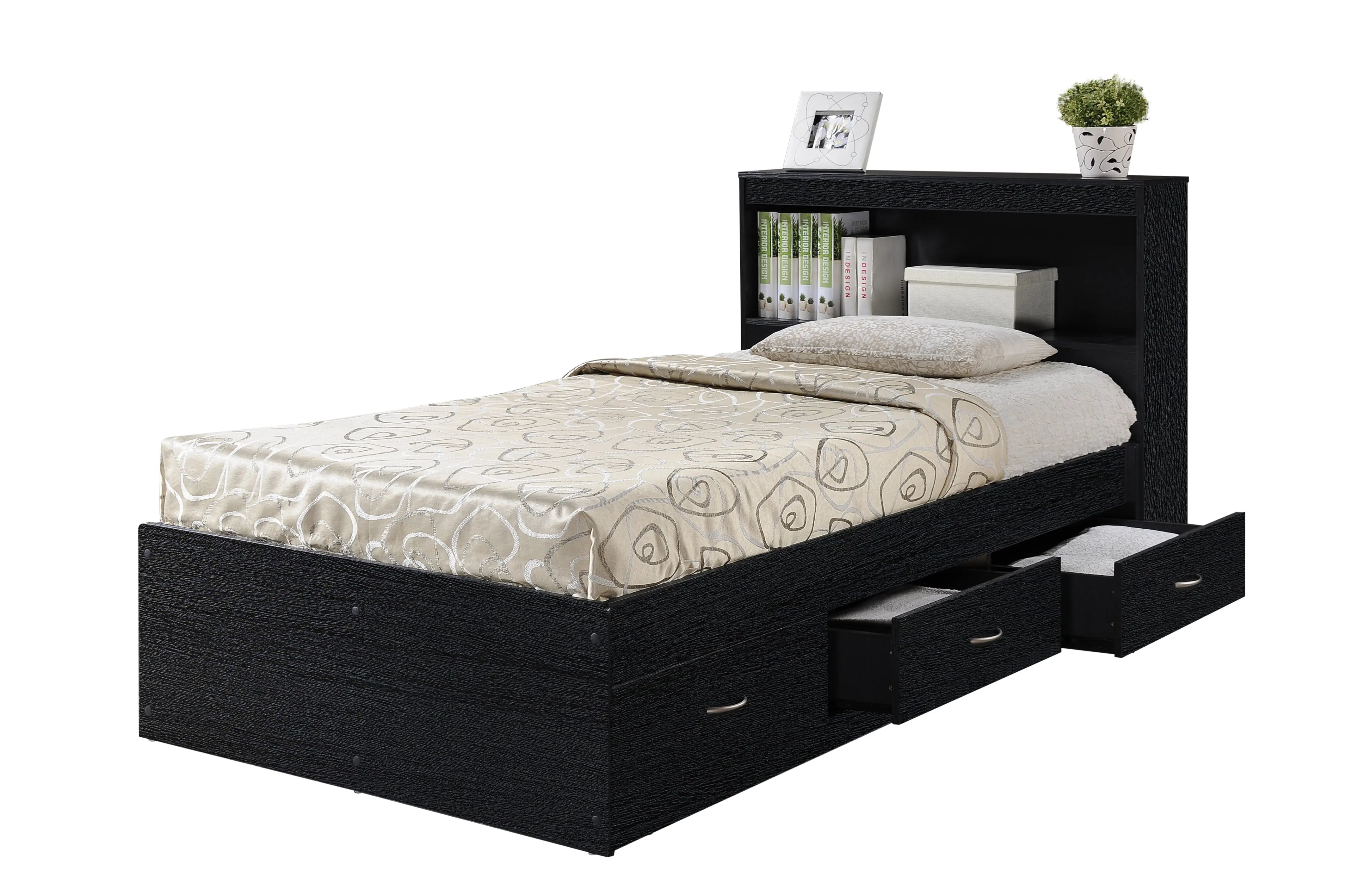 Modern twin-size platform bed with shelves and storage drawers for organization
