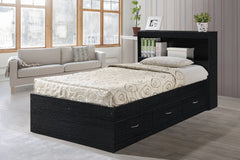 Durable black captain bed with engineered wood construction and built-in shelving
