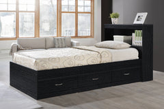 Space-saving twin bed with customizable drawer placement and sleek design
