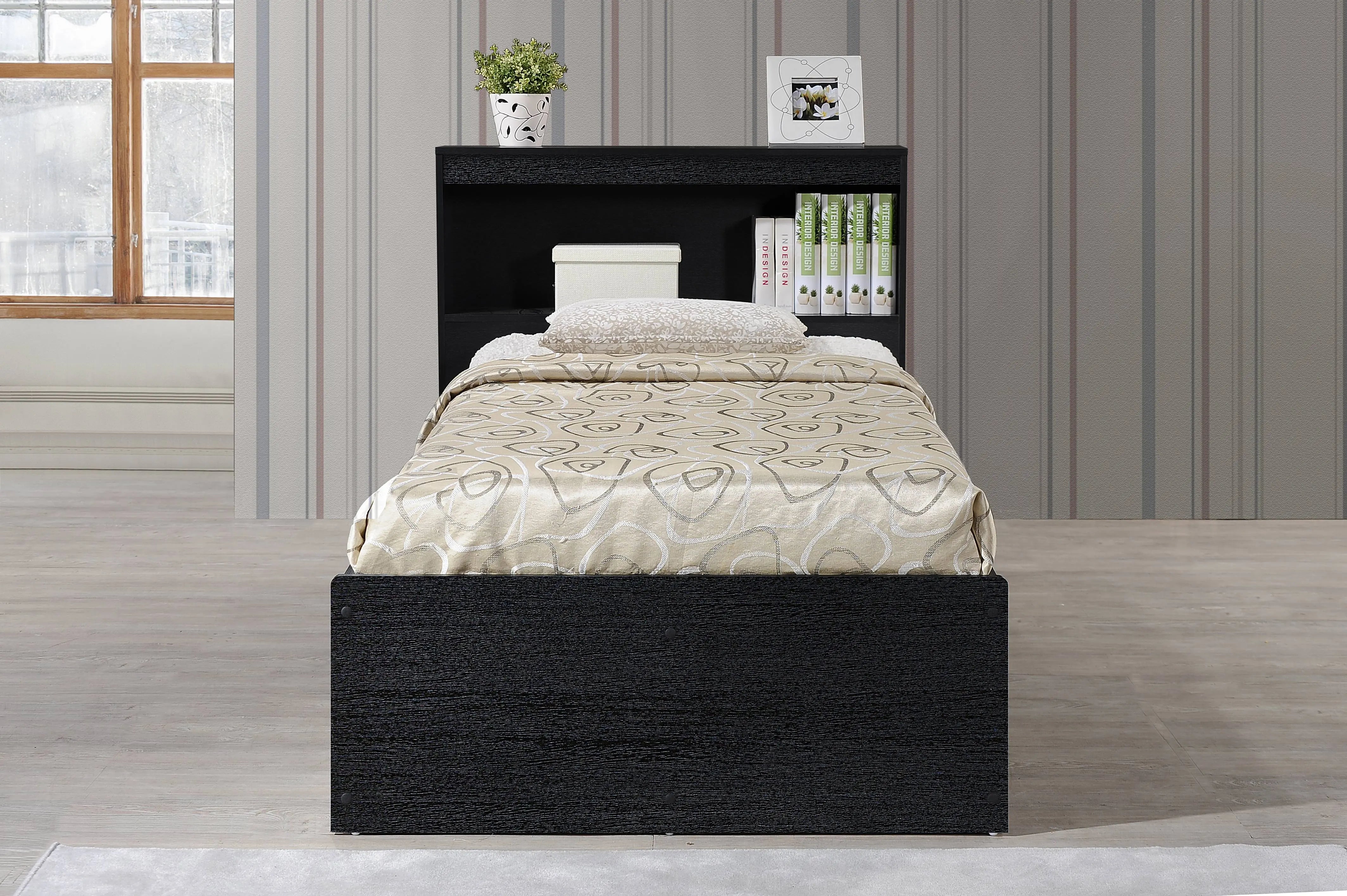 Hodedah Twin-Size Captain Bed with 3-Drawers and Headboard in Black Hand C Mart