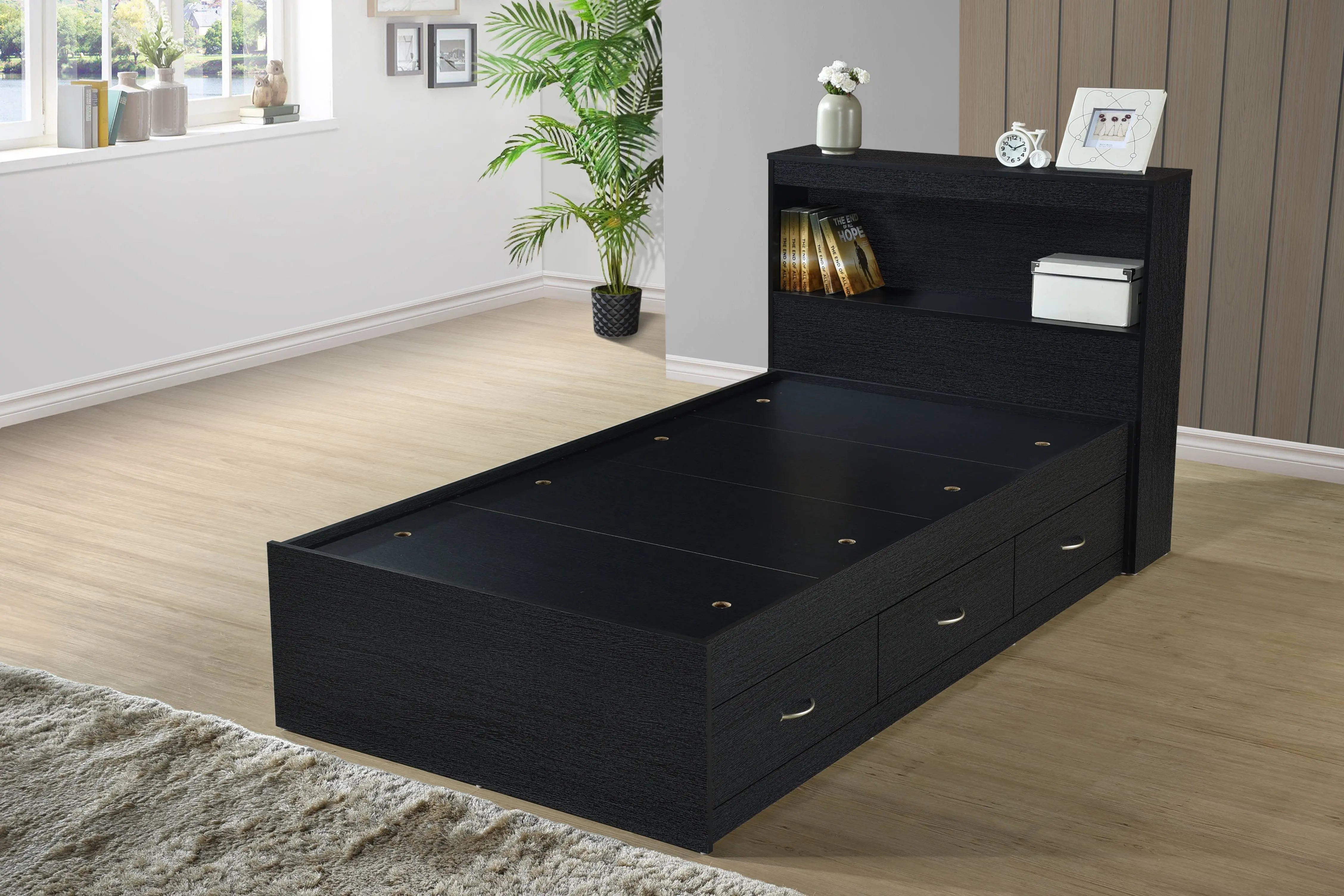 Hodedah Twin-Size Captain Bed with 3-Drawers and Headboard in Black Hand C Mart