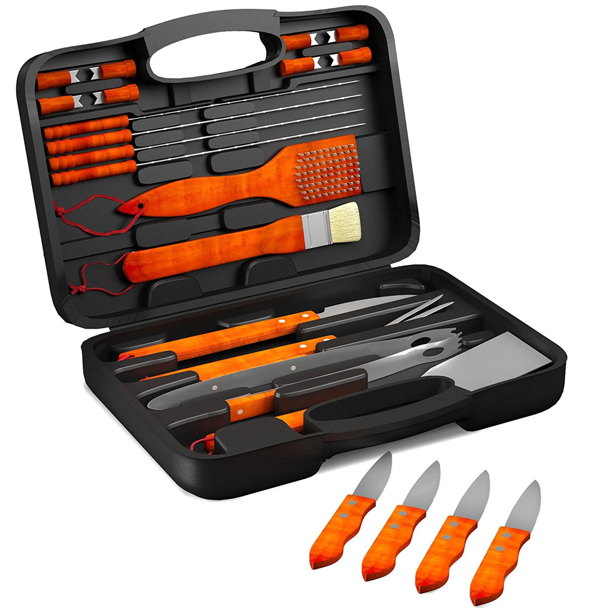 Home-Complete 22-Piece Wood BBQ Grill Tool Set with Case and 4 Steak Knives Hand C Mart