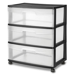 Homz® 3 Drawer Wide Cart with Casters/Wheels, Black Frame with Clear Drawers, Set of 1 Hand C Mart