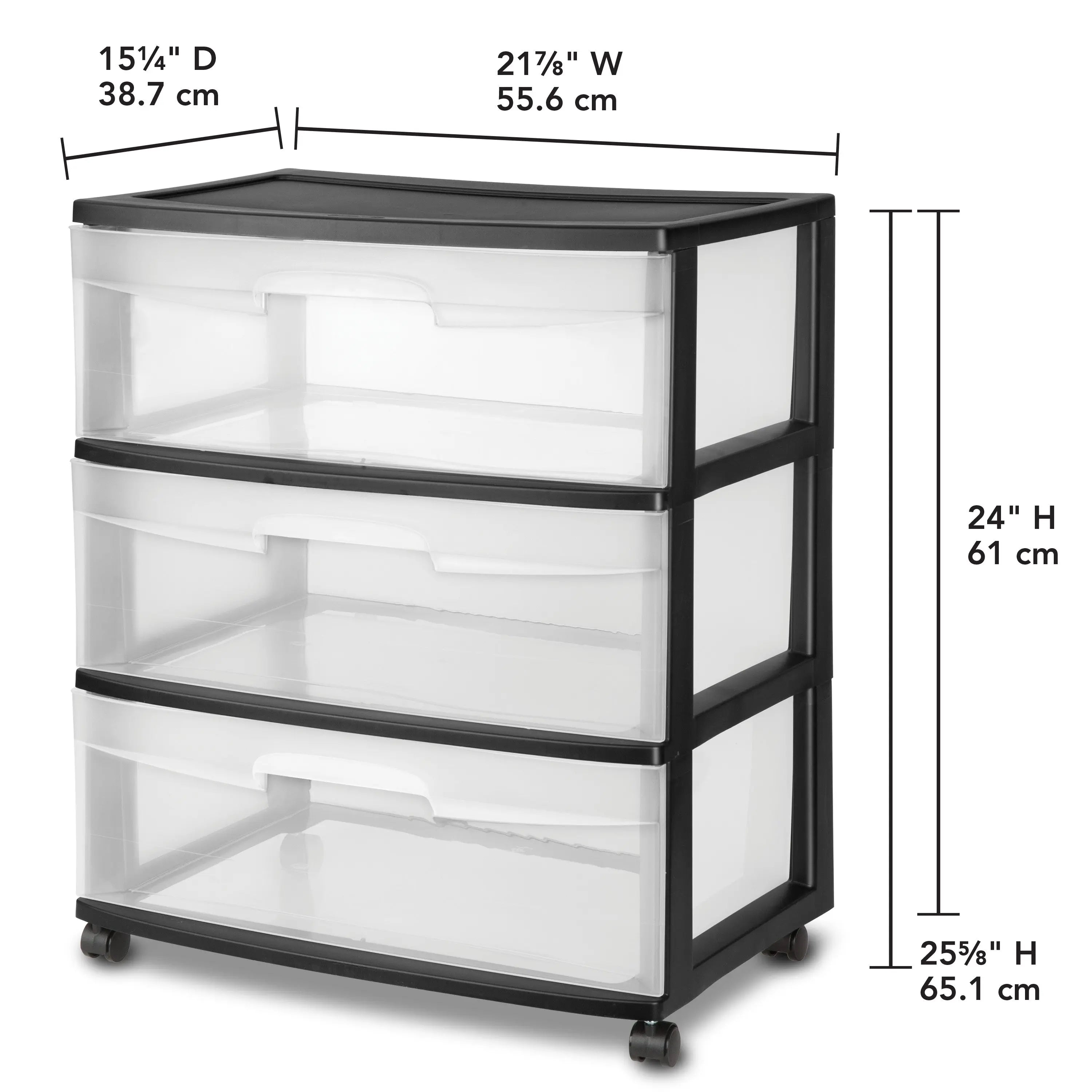 Homz® 3 Drawer Wide Cart with Casters/Wheels, Black Frame with Clear Drawers, Set of 1 Hand C Mart