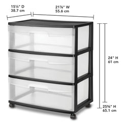 Homz® 3 Drawer Wide Cart with Casters/Wheels, Black Frame with Clear Drawers, Set of 1 Hand C Mart