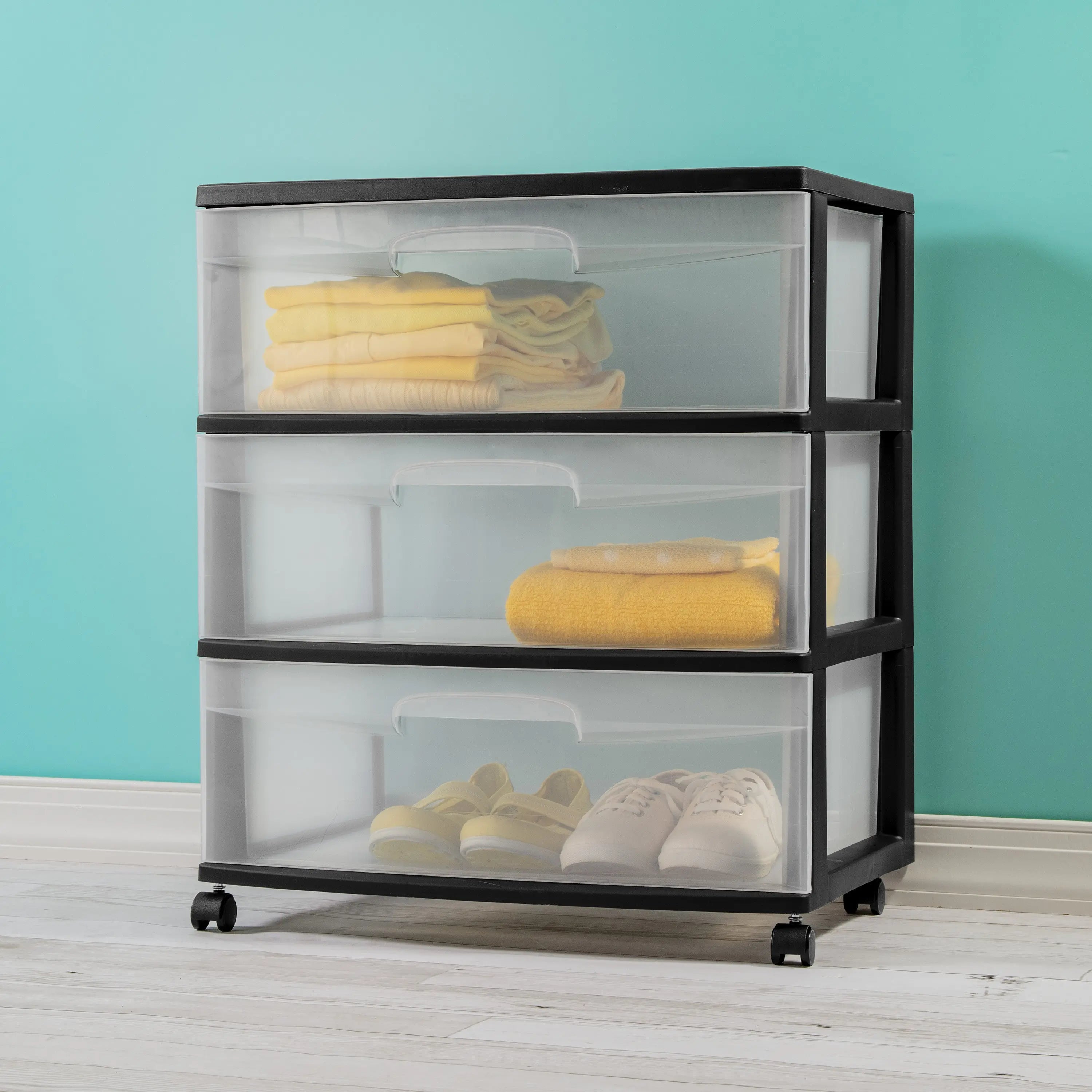 Homz® 3 Drawer Wide Cart with Casters/Wheels, Black Frame with Clear Drawers, Set of 1 Hand C Mart