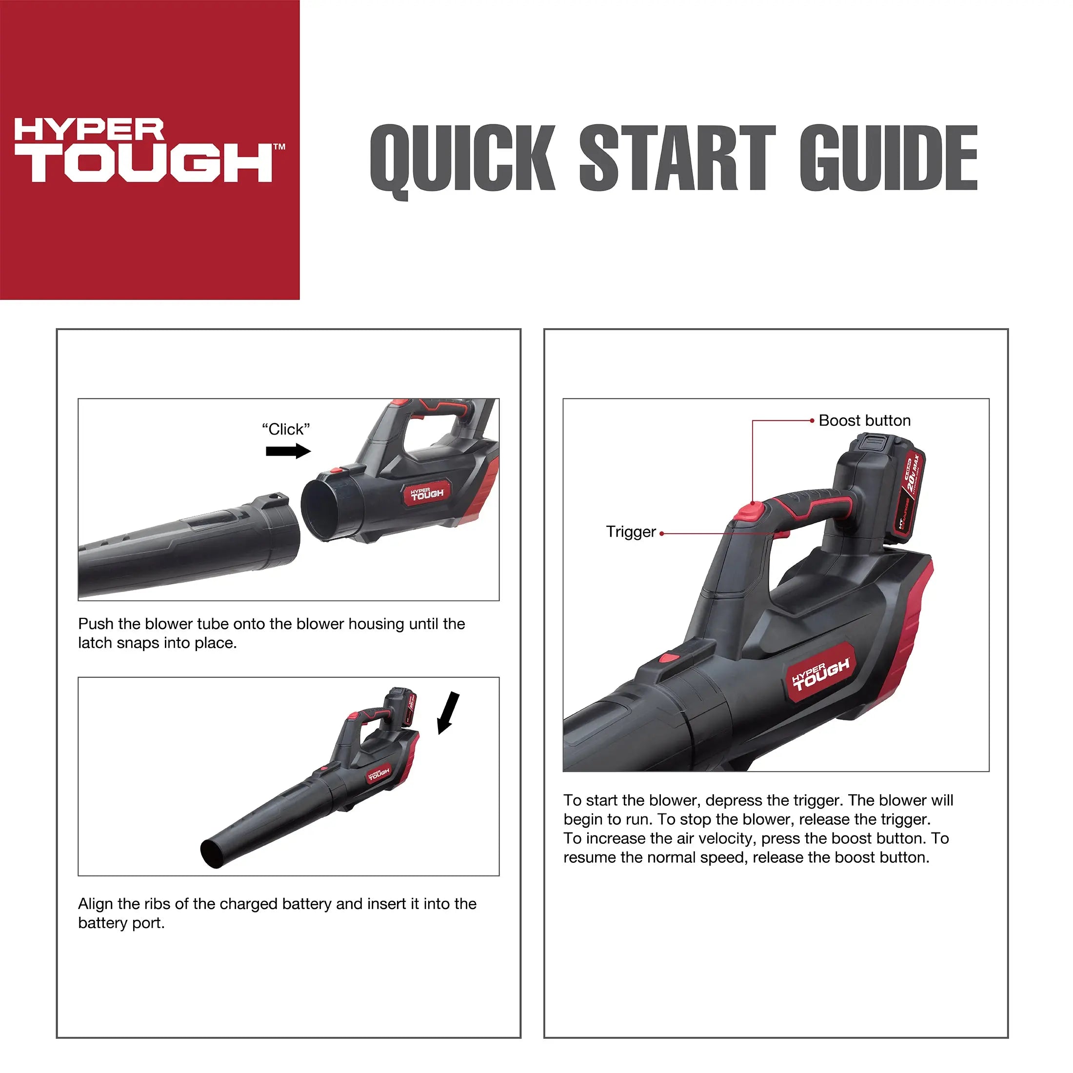 Hyper Tough 20V Max 90 mph 372 Cfm 4.0Ah Battery Powered Cordless Handheld Blower, HT22-401-03-04 Hand C Mart