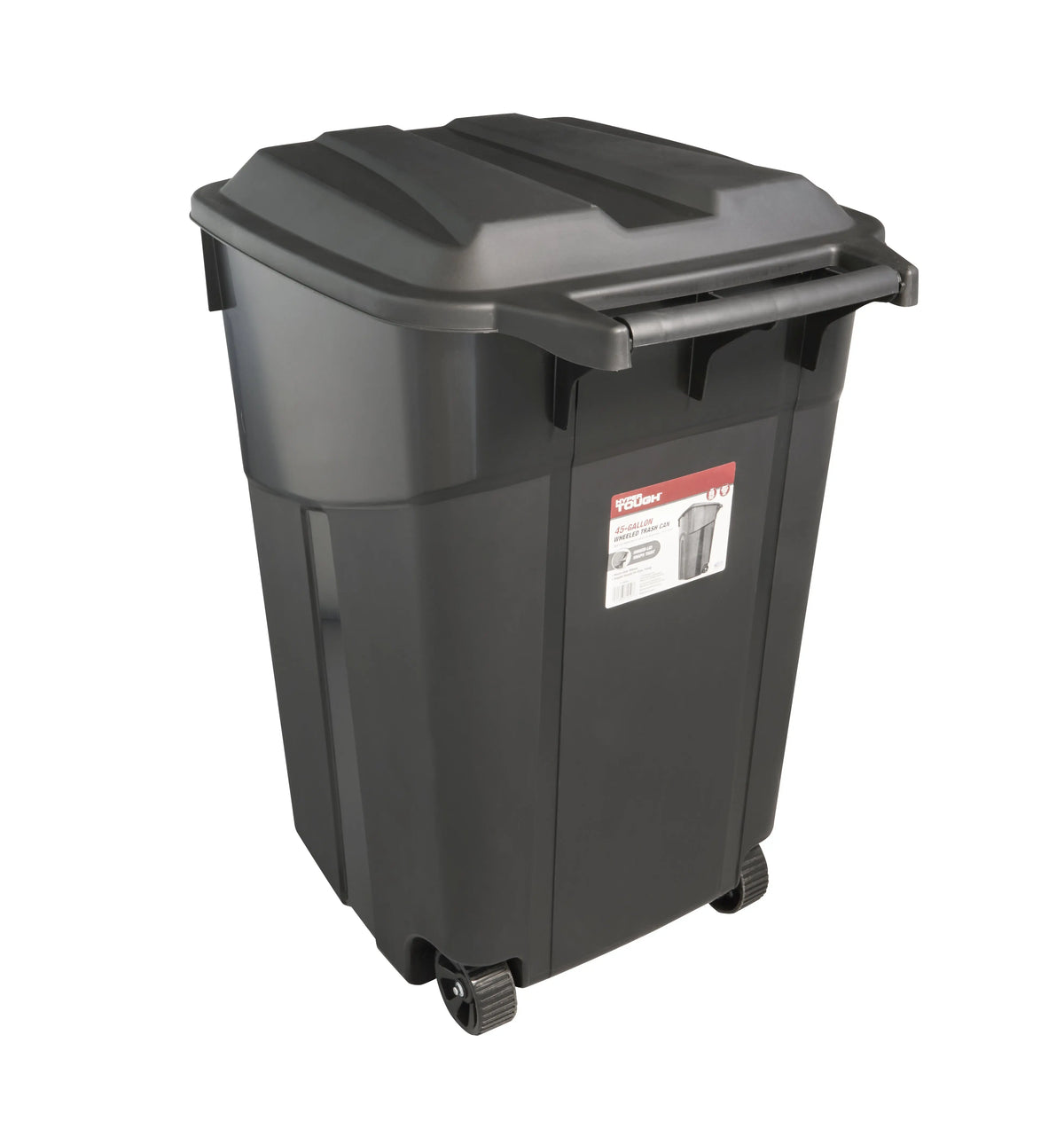 Hyper Tough 45 Gallon Wheeled Heavy Duty Plastic Garbage Can, Attached Lid, Black Hand C Mart